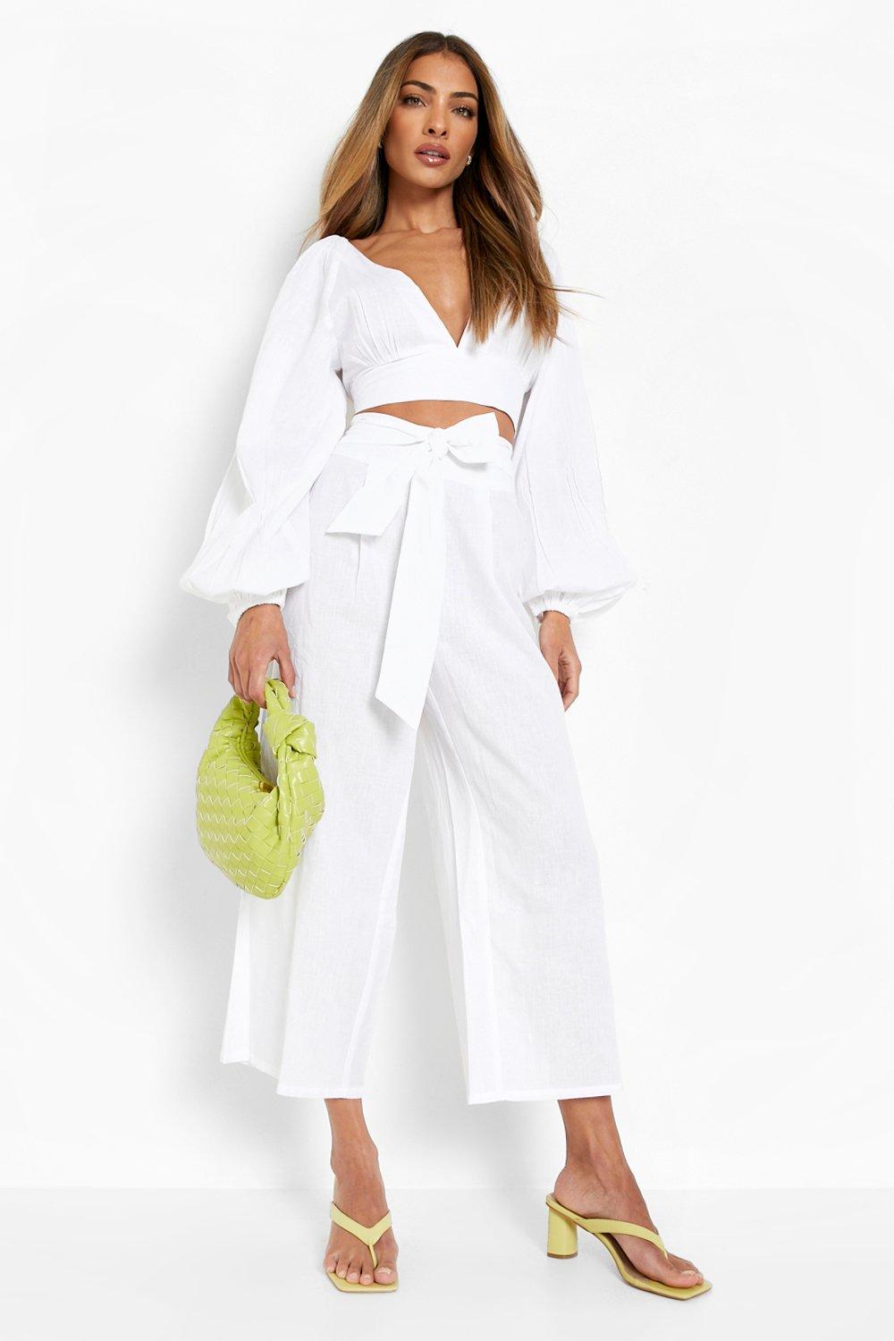 Image of Crop top effetto lino con maniche a palloncino & pantaloni a gamba ampia, Bianco