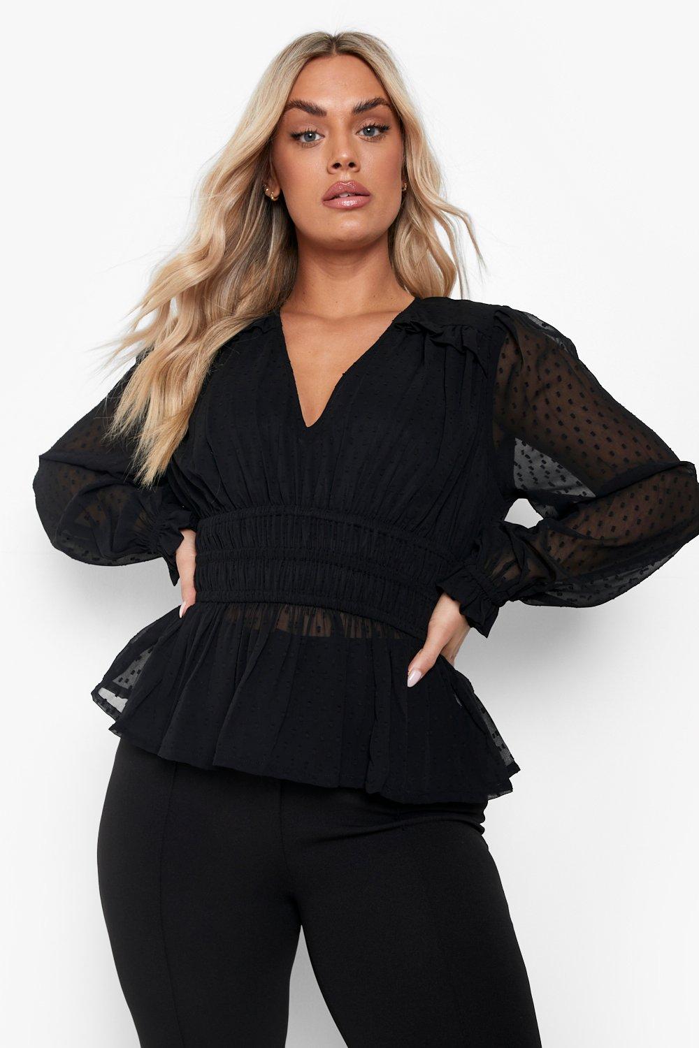Womens Plus Dobby Mesh Volume Sleeve Blouse - Black - 20, Black