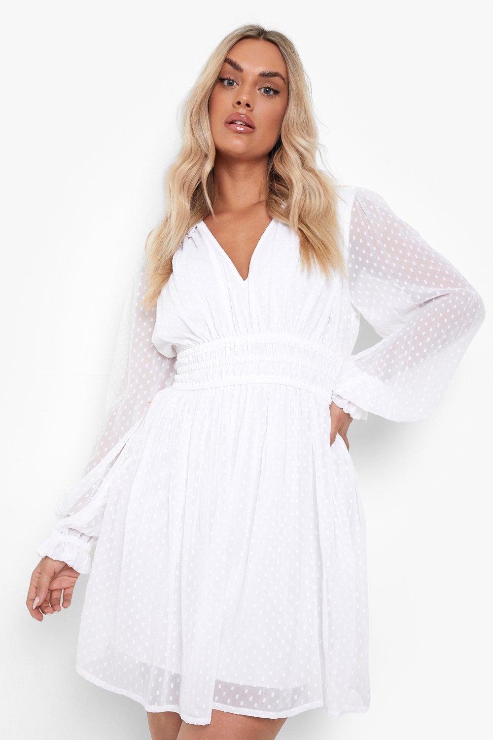 Boohoo Plus Dobby Mini Jurk Met Lange Mouwen, Ivory