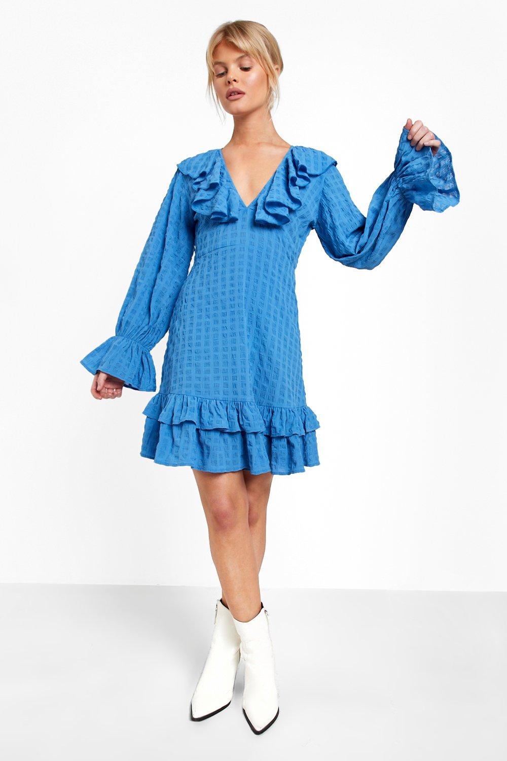 womens frill detail mini dress - blue - 8, blue