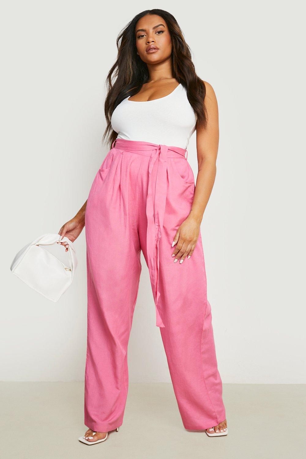 Image of Pantaloni a gamba ampia Plus Size in lino con cintura, Pink