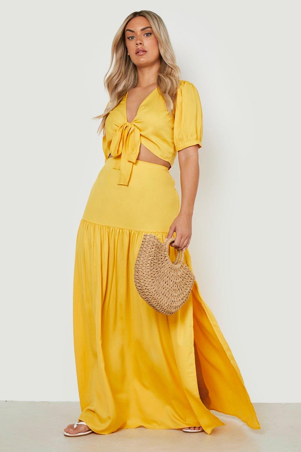 Grande Taille - Ensemble Avec Top À Attaches Et Jupe Longue Froncée - Jaune Moutarde - 44, Jaune Moutarde