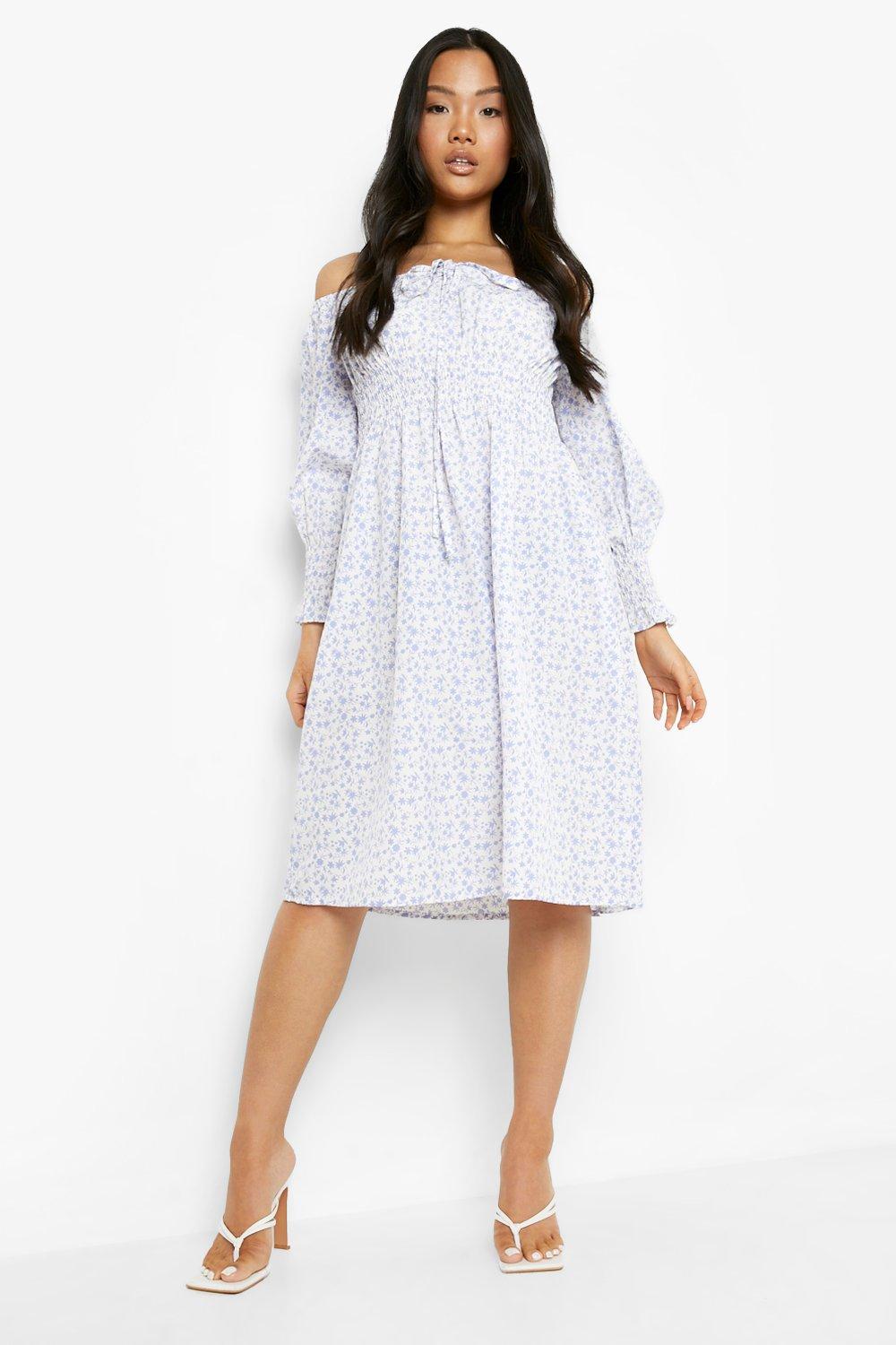 Boohoo Petite Geplooide Off Shoulder Bloemen Skater Jurk, White