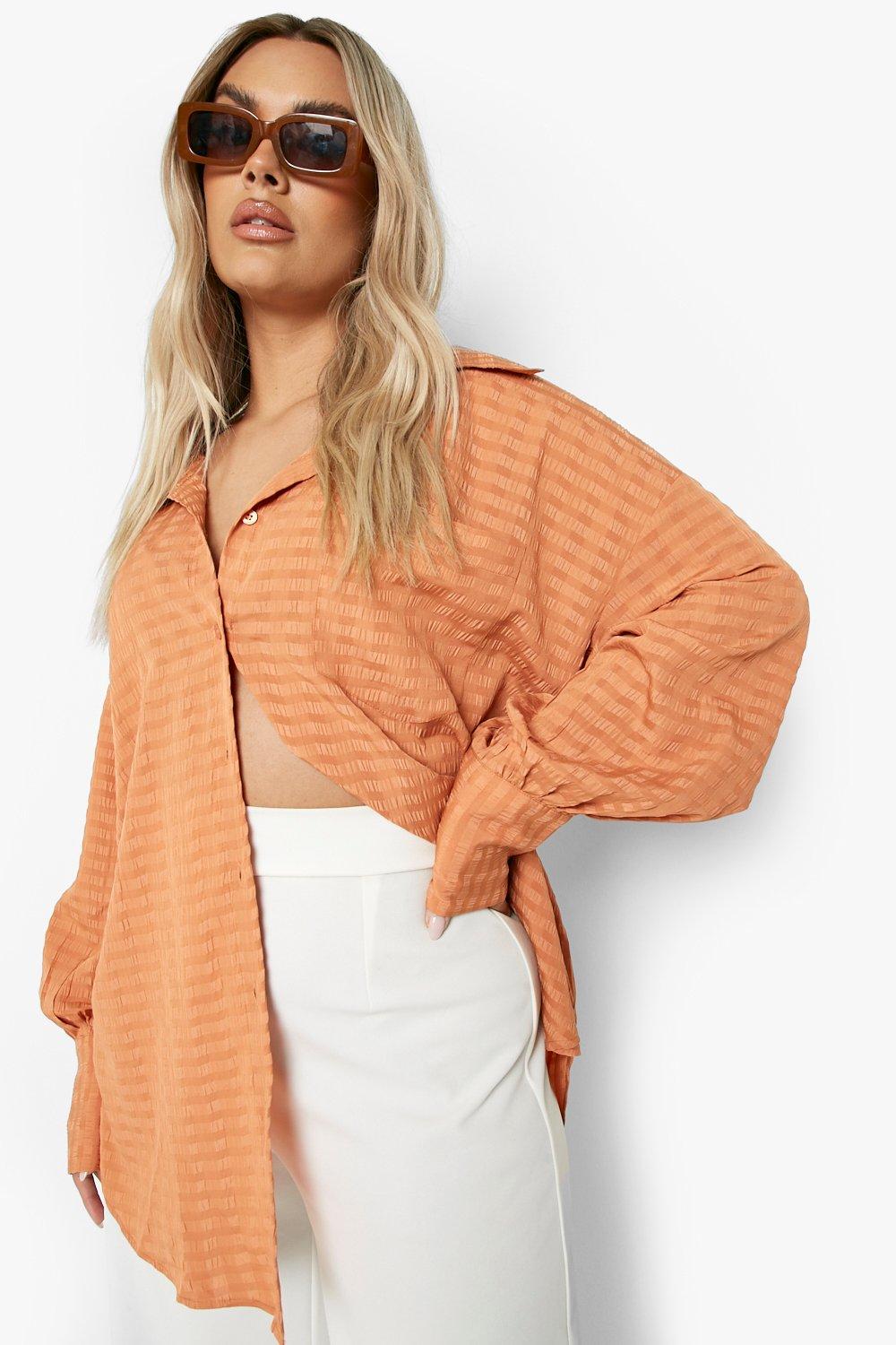 Grande Taille - Chemise Oversize Texturée - Orange Rouille - 44, Orange Rouille