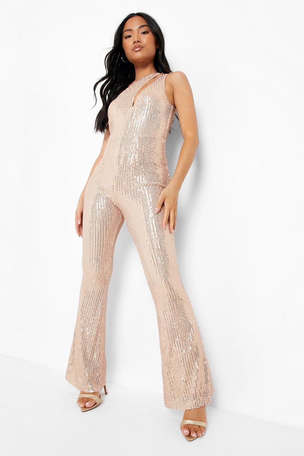 70s Outfits – 70s Style Ideas for Women Womens Petite Sequin Cut Out Detail Flare Jumpsuit - Gold - 12 $32.00 AT vintagedancer.com