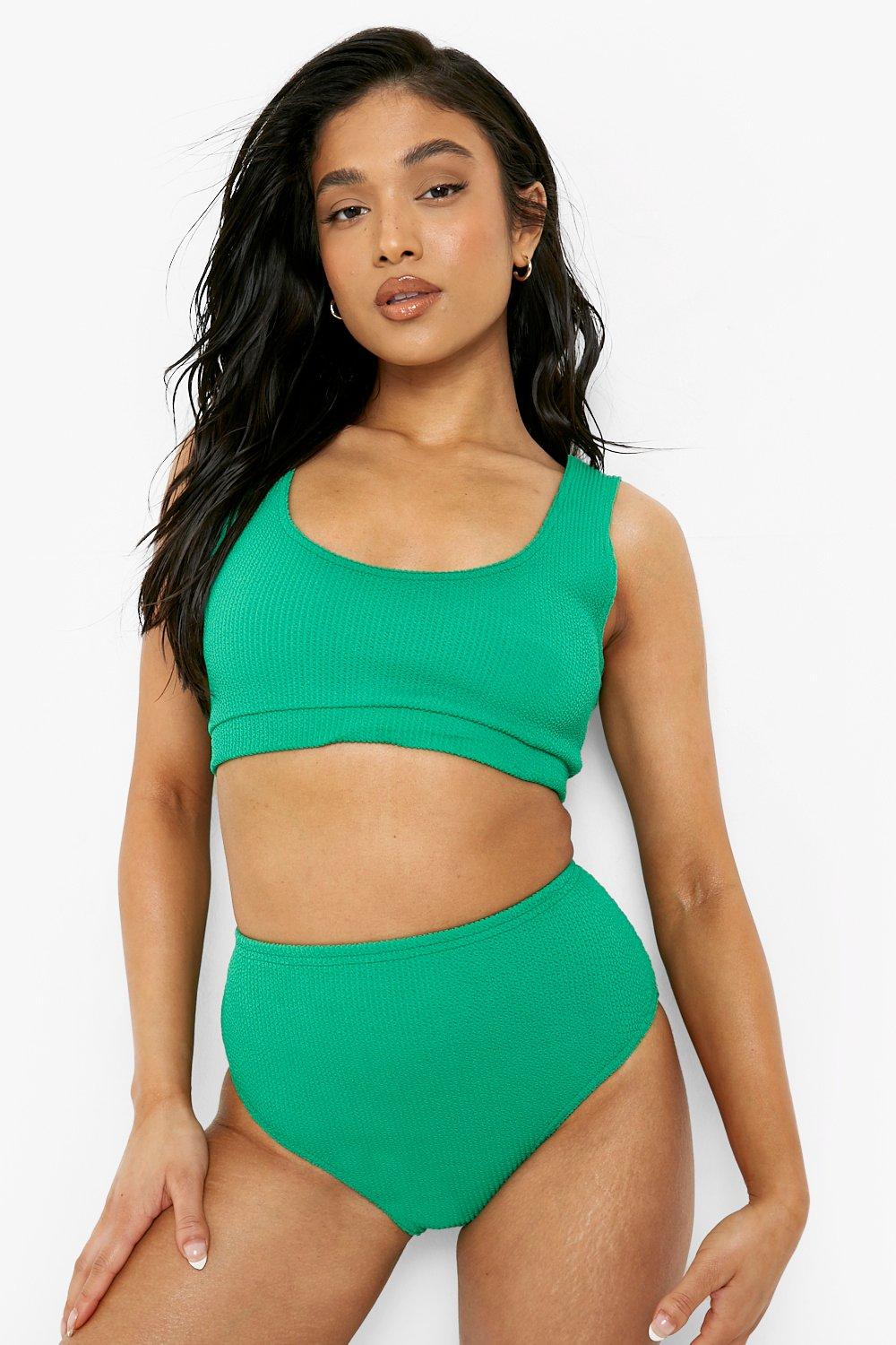 Boohoo Petite Gekreukelde Bikini Top Met Lage Ronde Hals, Green