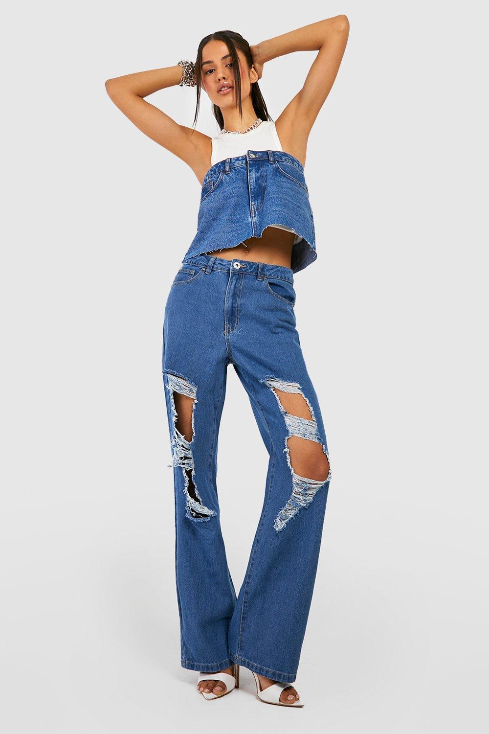 Boohoo Basic Versleten Gescheurde Low Rise Boyfriend Jeans, Mid Blue