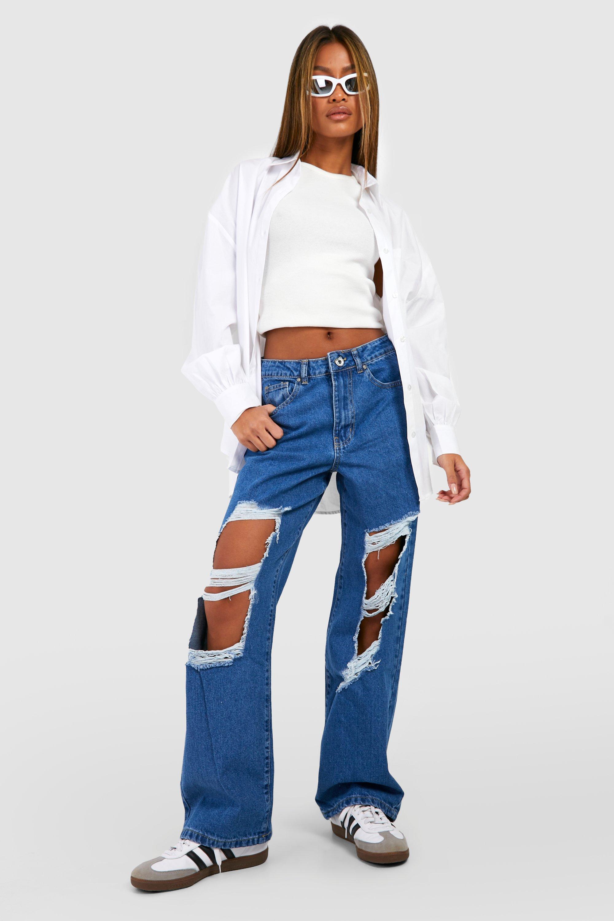 Boohoo Basic Versleten Gescheurde Low Rise Boyfriend Jeans, Mid Wash