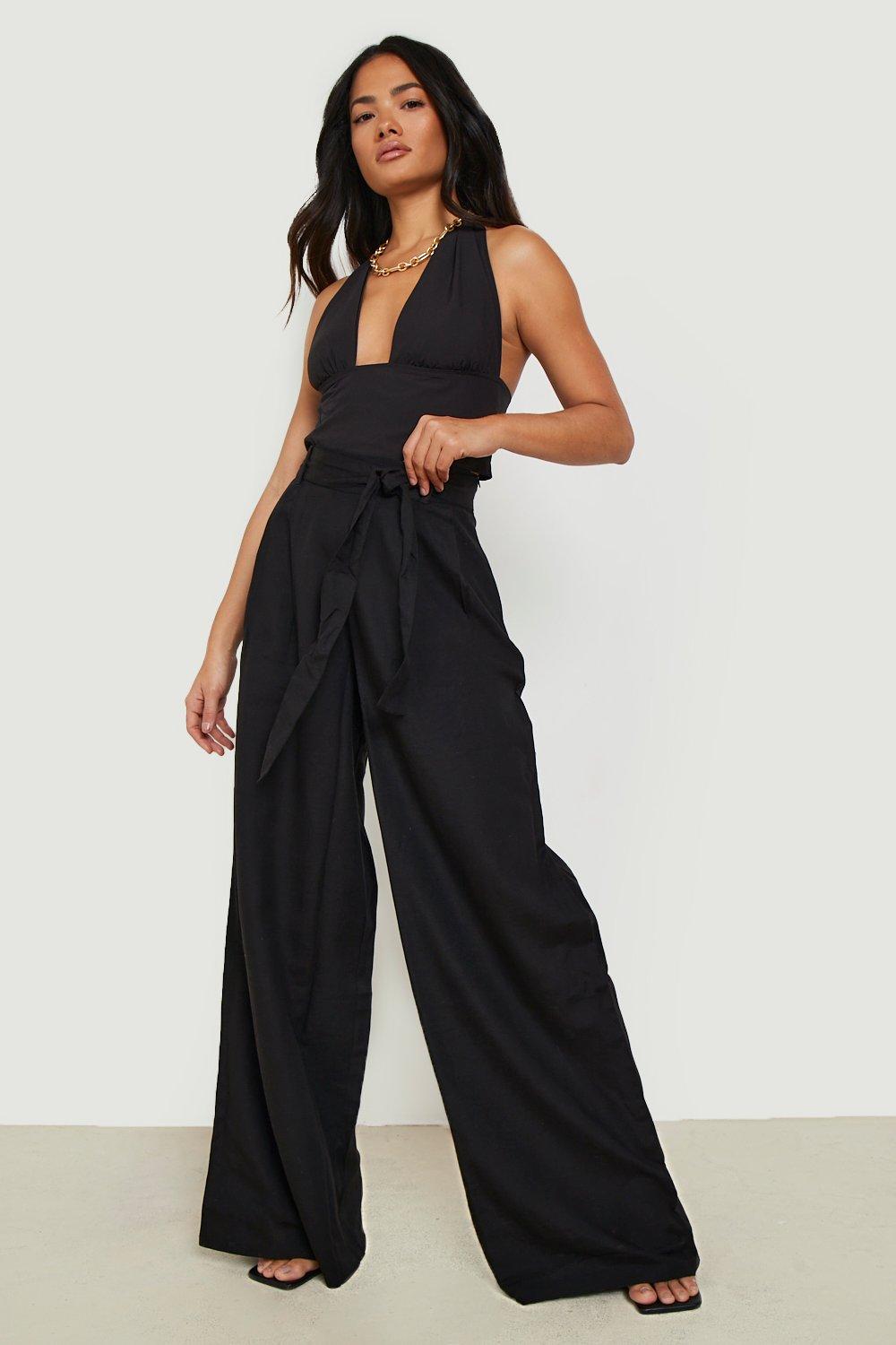 Womens Linen Look Belted Wide Leg Trouser - Black - 10, Black