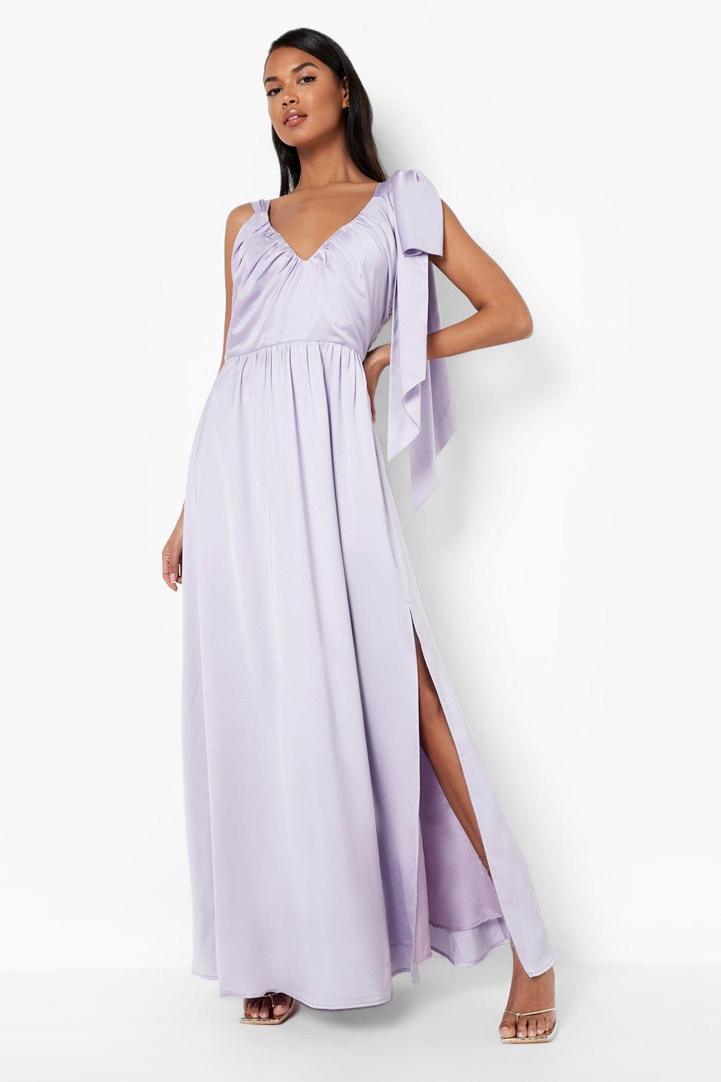 Boohoo Gedrapeerde Maxi Jurk Met Schoudervulling En Strik, Lilac