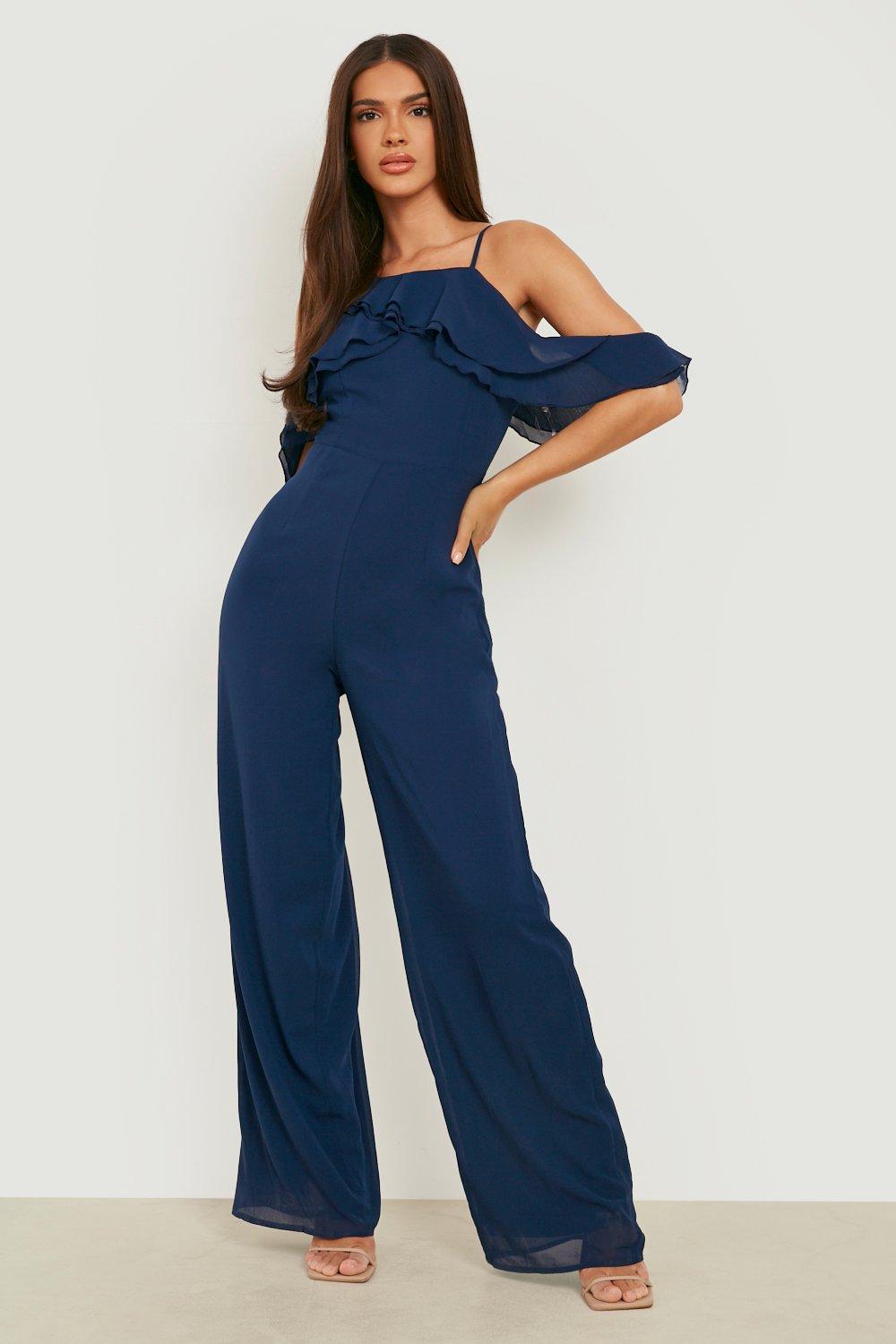 Ruffle Detail Plunge Wide Leg Jumpsuit Boohoo Us 6003