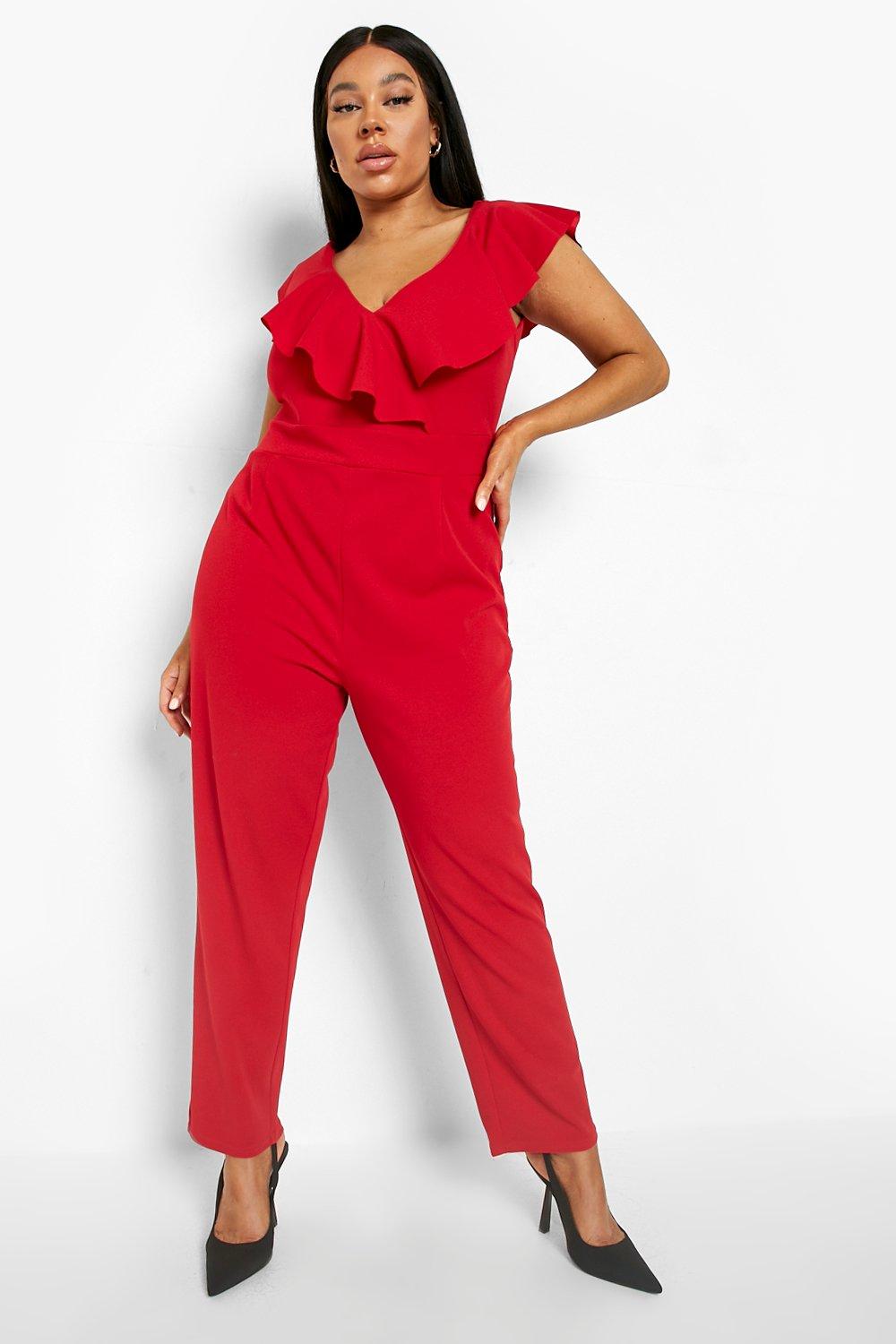Womens Plus Ruffle V Neck Tapered Jumpsuit - 28, Red