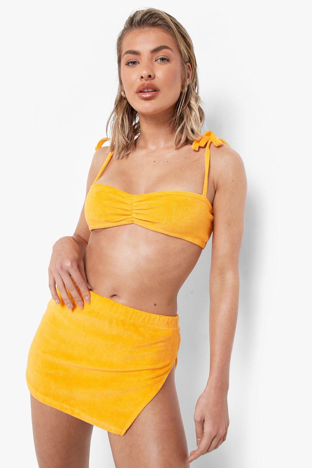 Boohoo Geplooide Badstoffen Bikini Top Met Schouderstrikjes, Orange