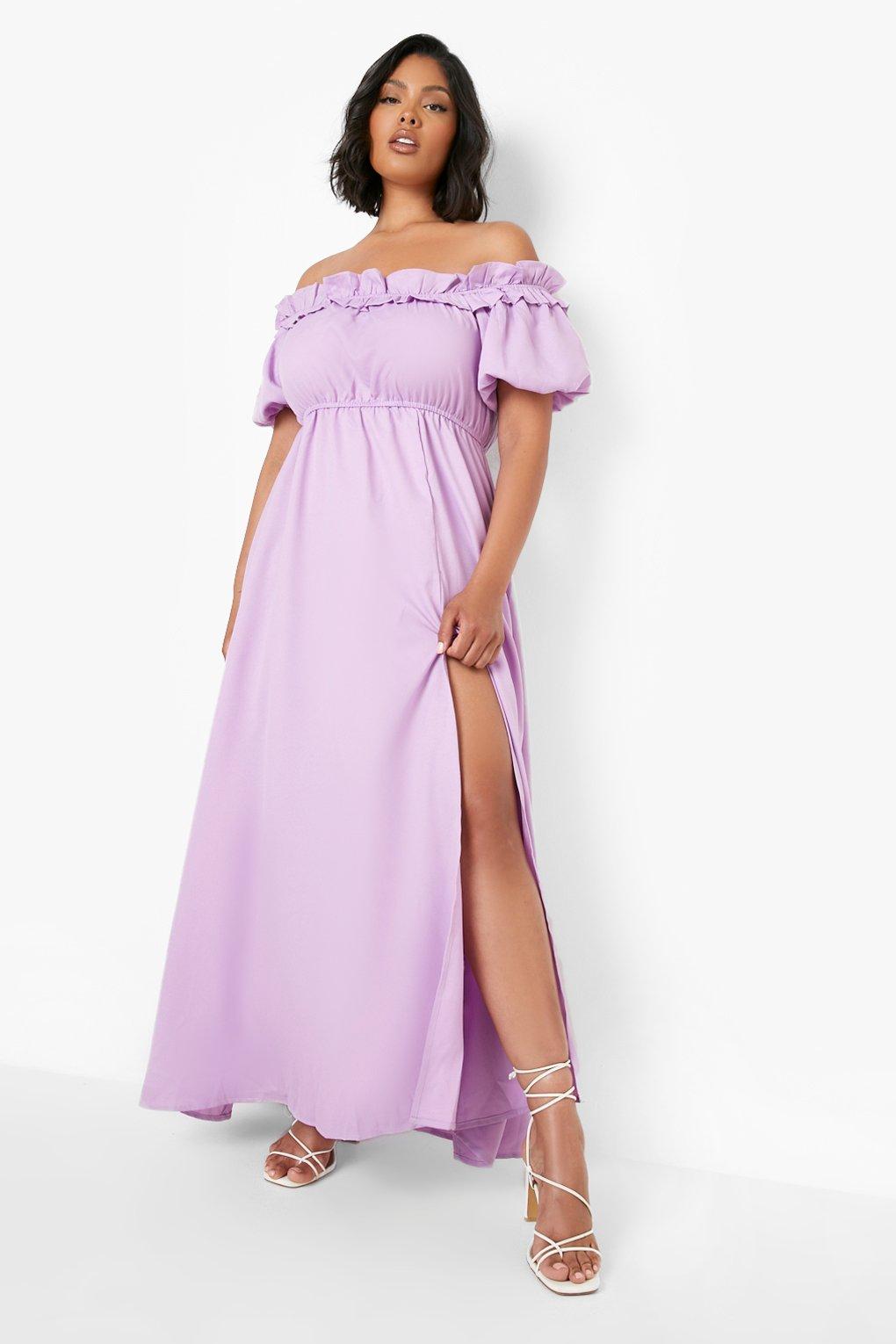 Womens Plus Off Shoulder Ruffle Split Maxi Dress - Purple - 16, Purple
