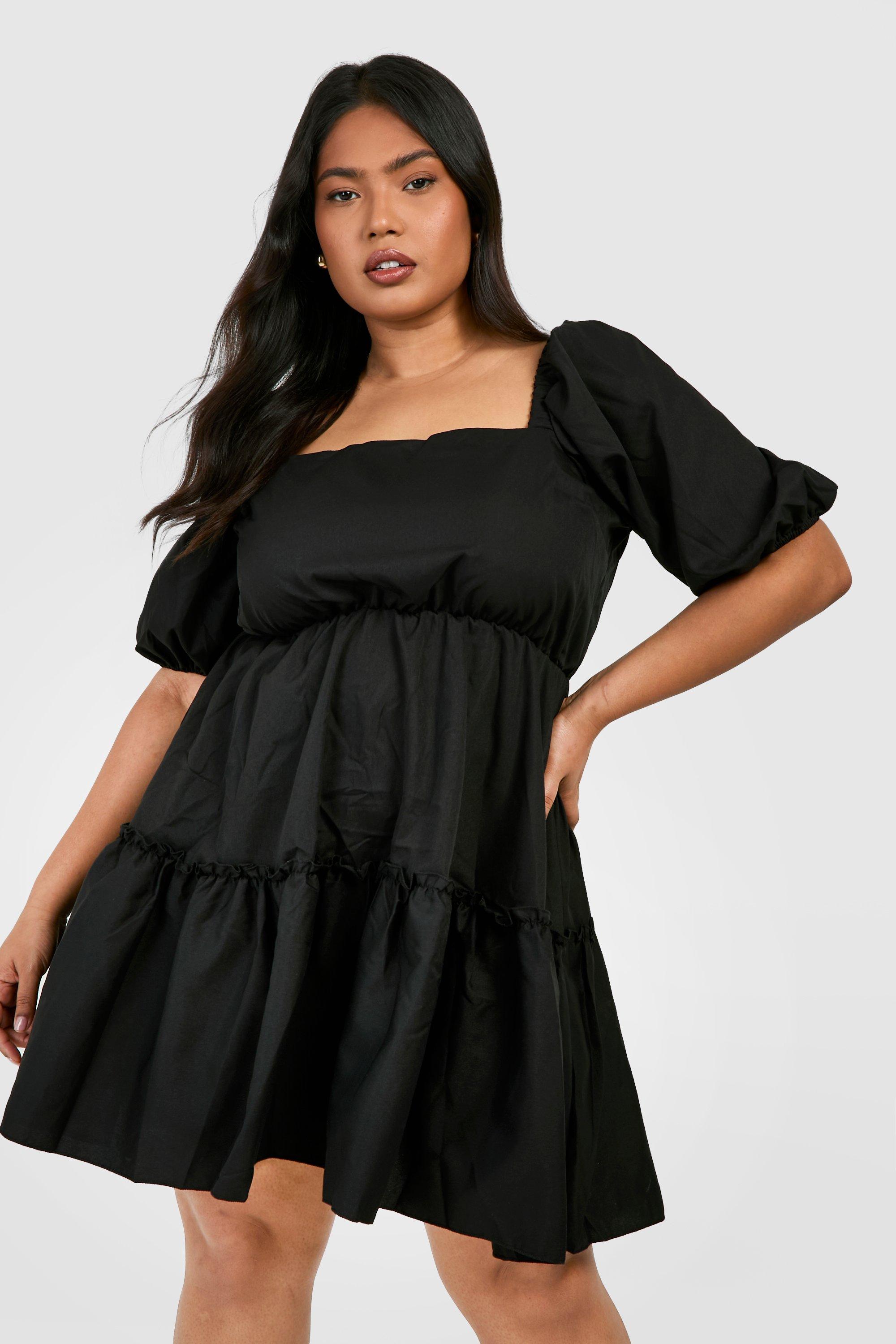 Womens Plus Square Neck Puff Sleeve Smock Dress - Black - 18, Black