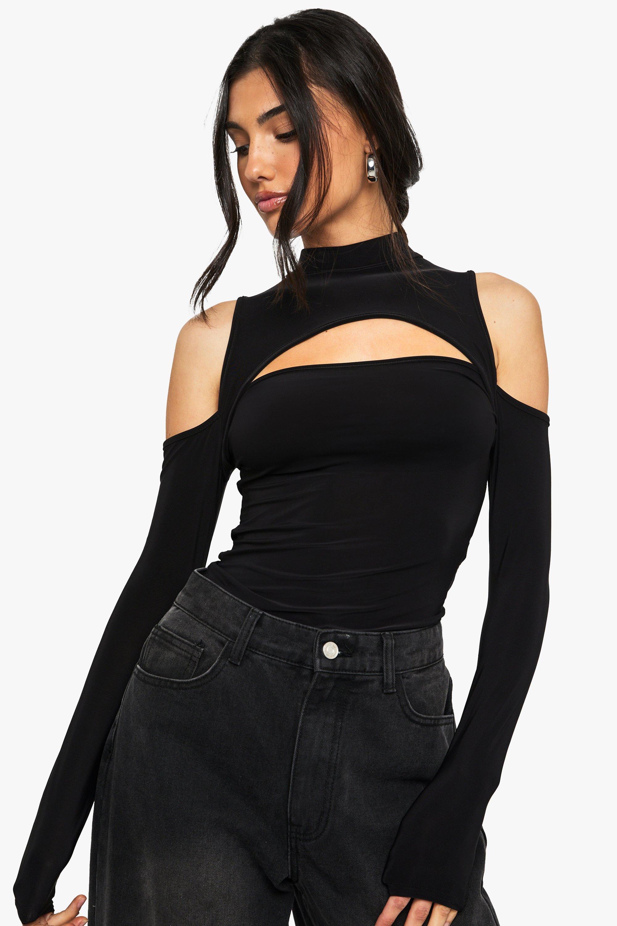 Imagen Body Con Dos Capas Y Abertura Con Hombros Descubiertos, Negro