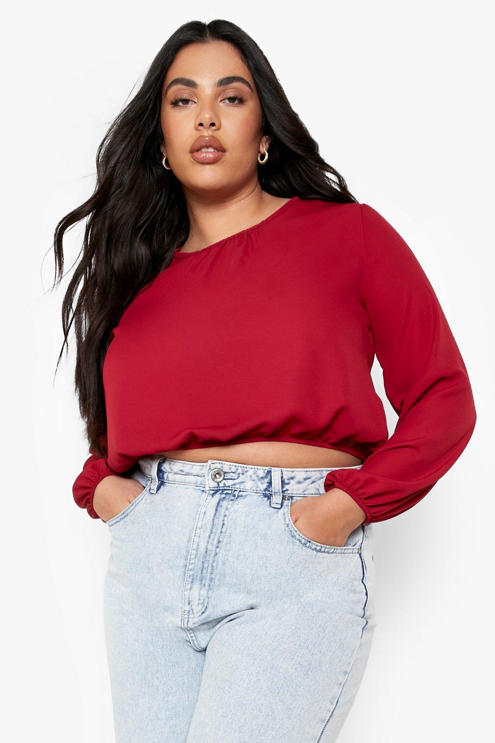 Grande Taille - Crop Top Fronce A Manches Ballon - Rouge Fon