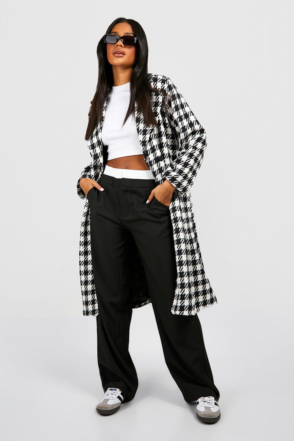 Womens Dogtooth Structured Wool Coat - Black - 10, Black
