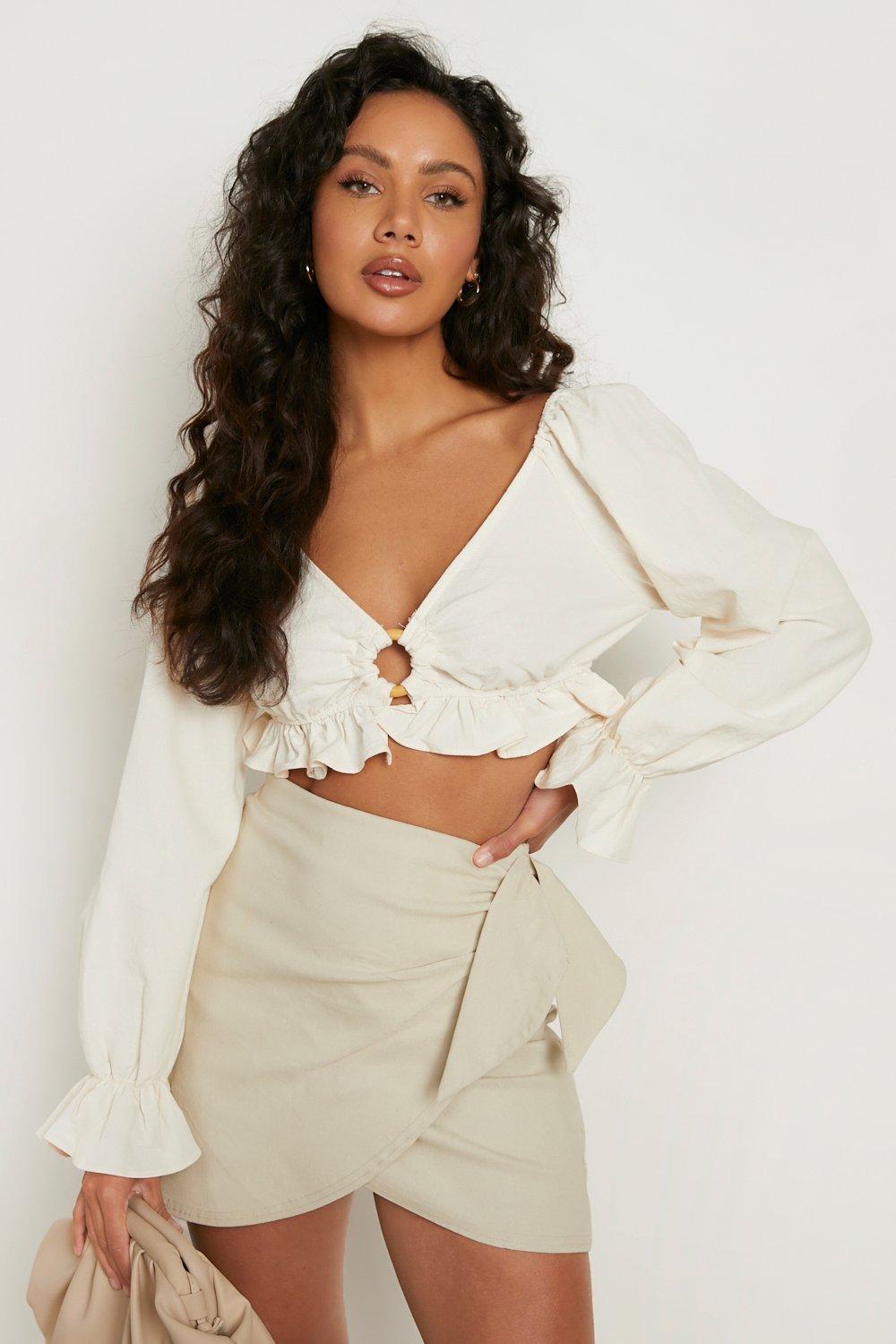 Crop Top Volanté À Manches Bouffantes - Blanc Cassé - 42, Blanc Cassé