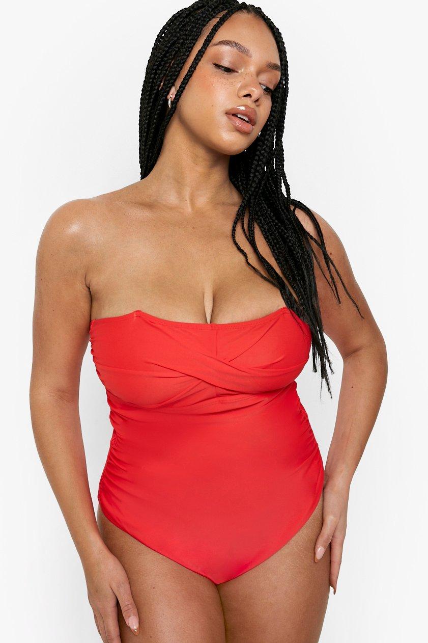 womens plus control twist bandeau swimsuit - red - 28, red