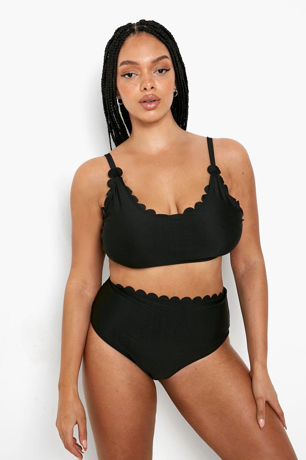 Image of Crop top bikini Plus Size Mix & Match con dettagli smerlati, Nero