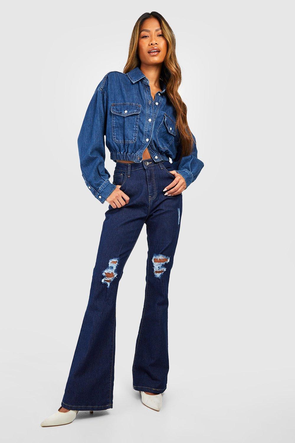 Image of Jeans a zampa Basics a vita alta con strappi, Azzurro