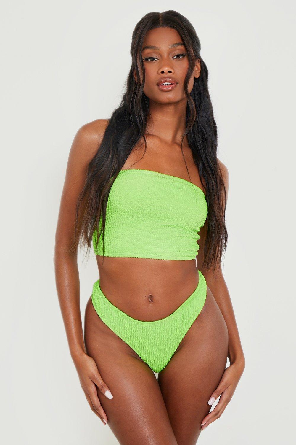 Image of Top bikini lungo a fascia in fibre riciclate effetto goffrato, Verde