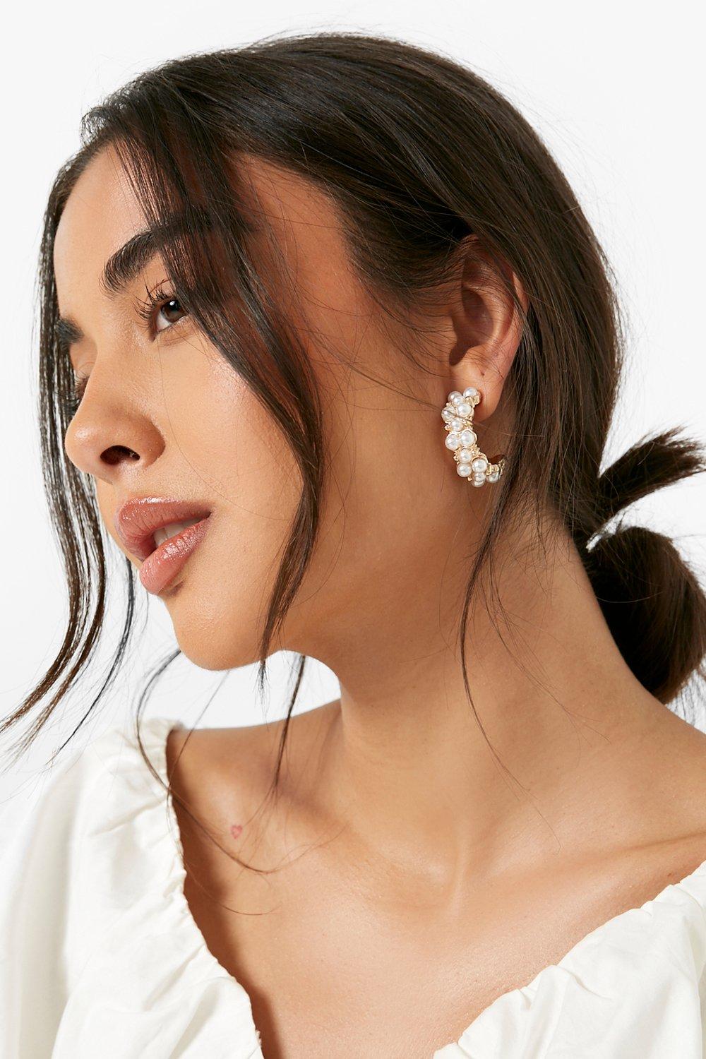 Womens Pearl Embellished Hoop Earrings - White - One Size, White