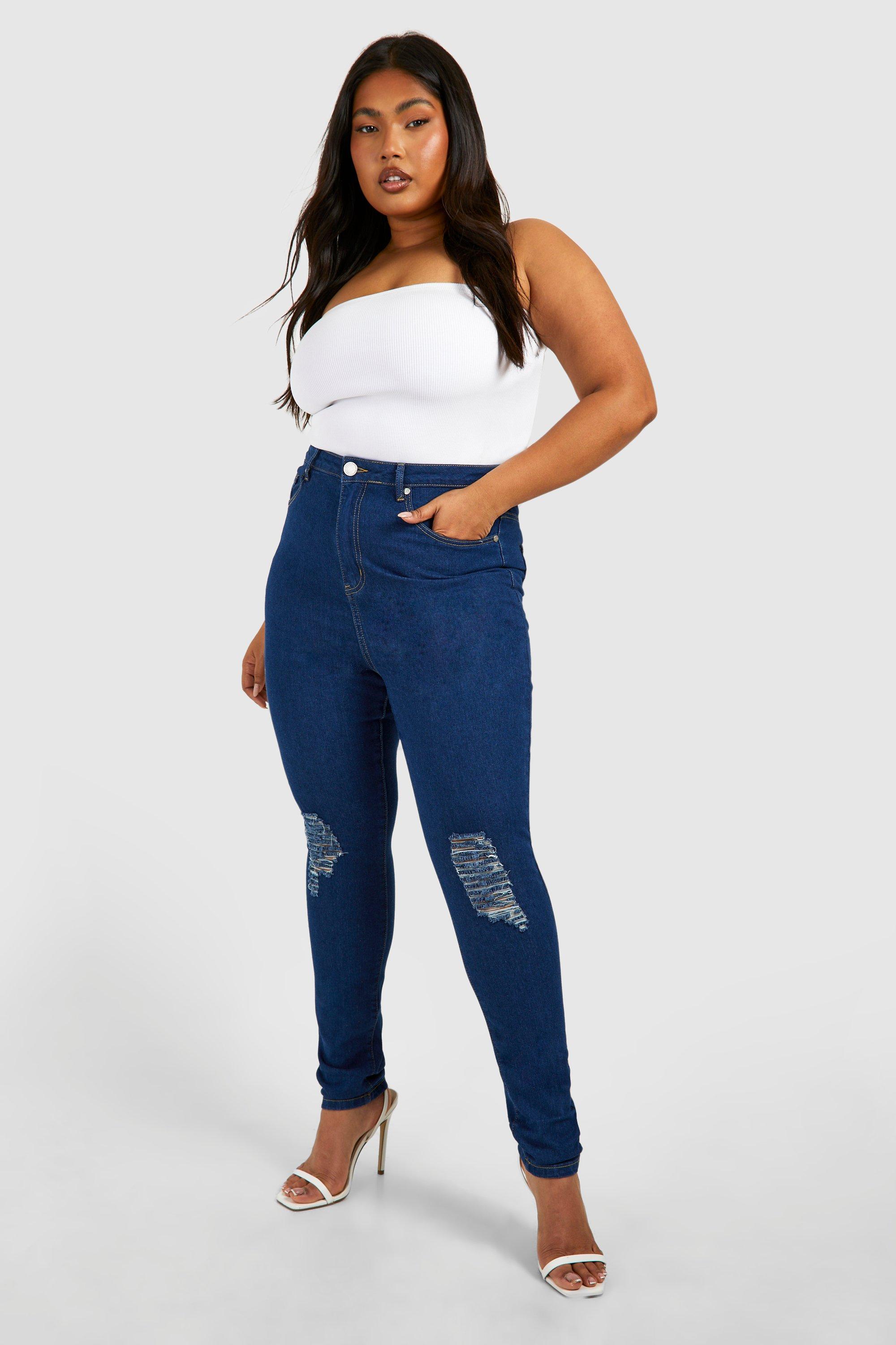 Image of Jeans Plus Size Skinny Fit a vita alta effetto smagliato, Azzurro