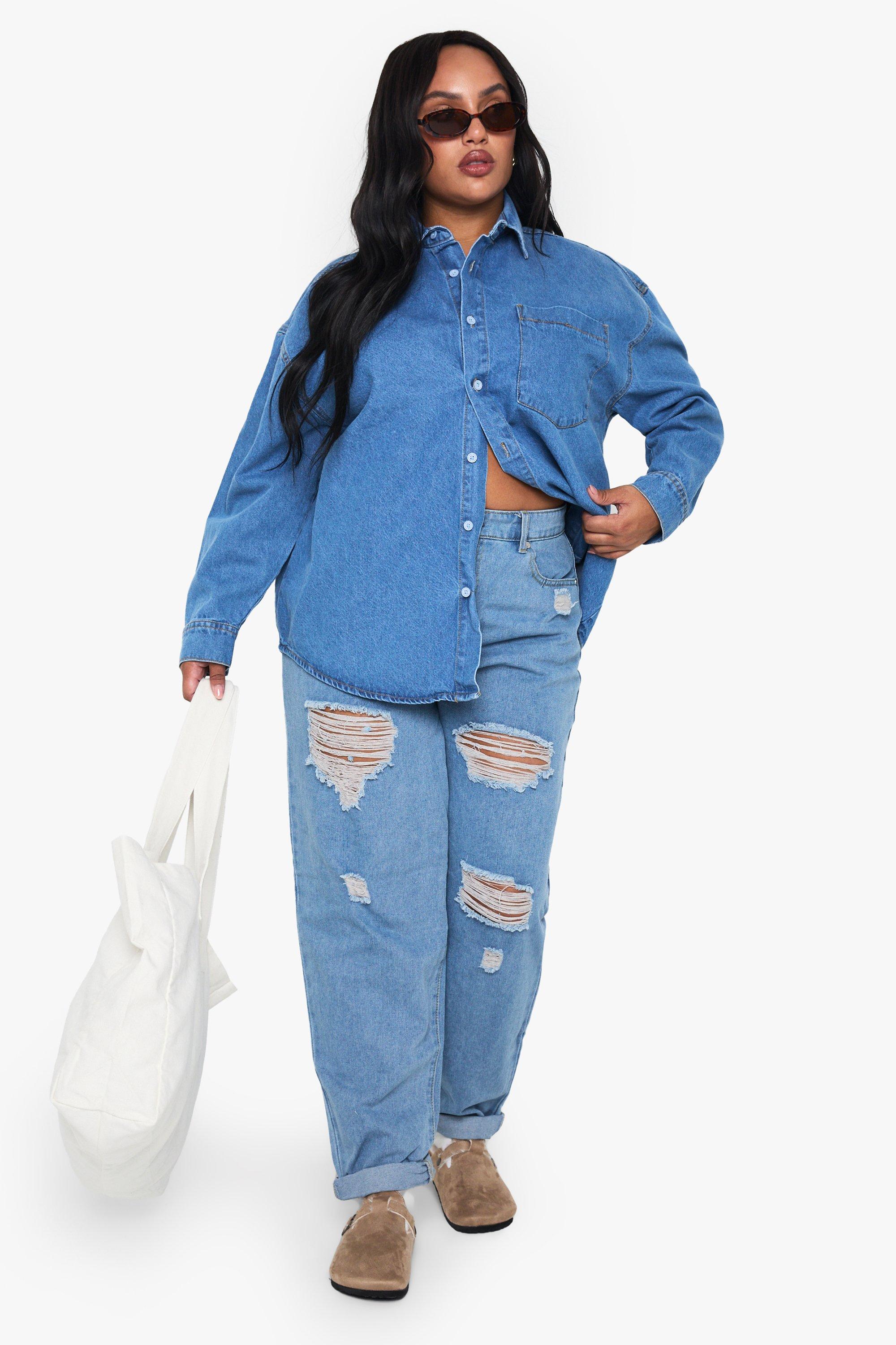 Womens Plus Distressed Ripped Mom Jeans - White - 28, White