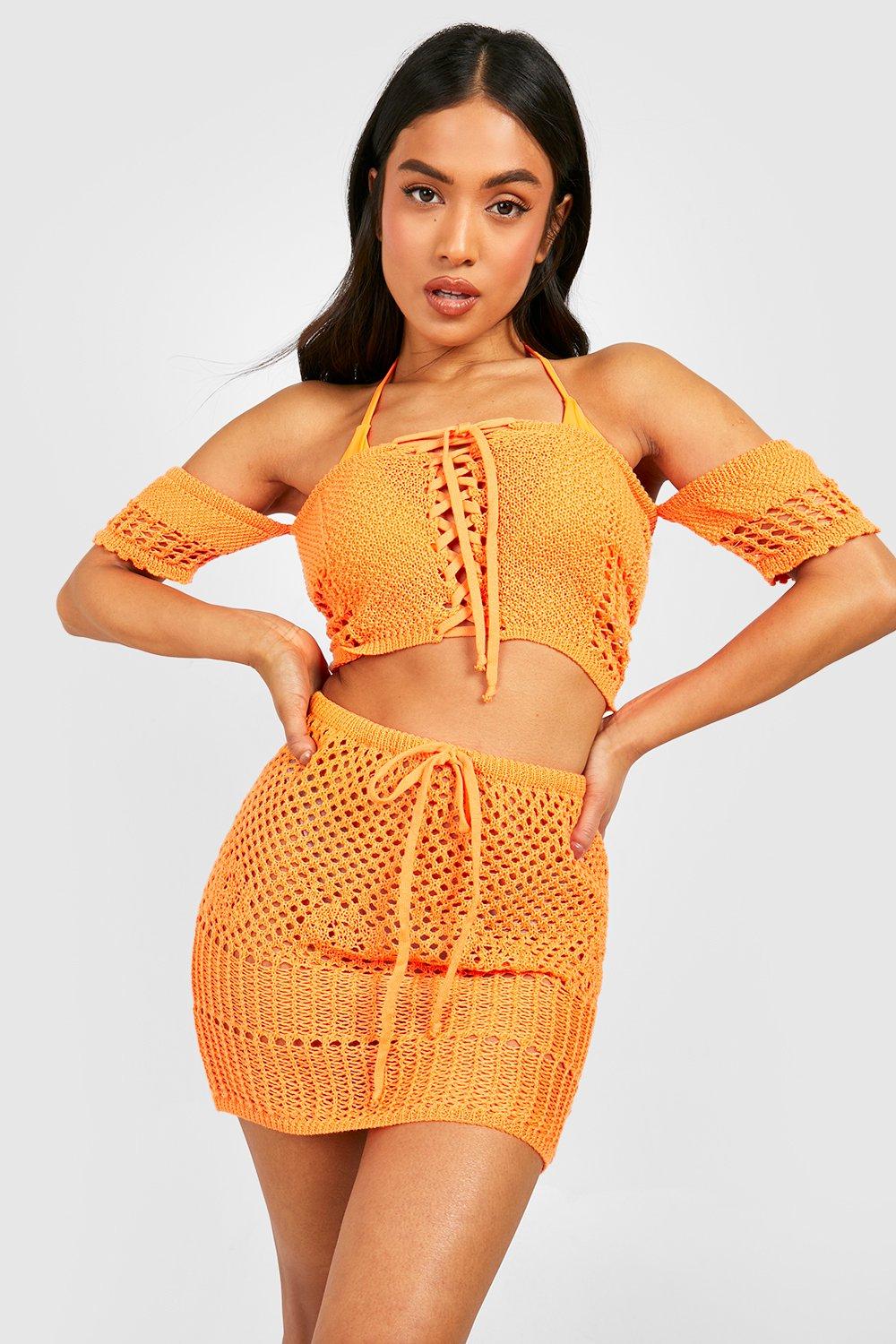 Womens Petite Recycled Crochet Top & Skirt Co-Ord - Orange - 6, Orange
