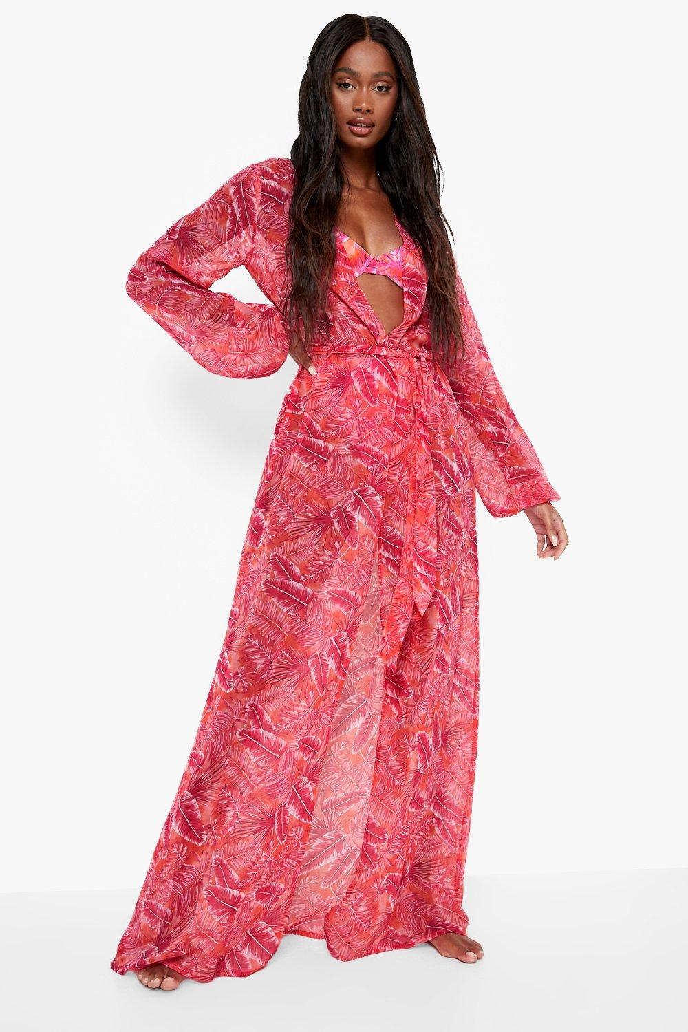 Image of Kimono maxi da mare in chiffon Tropicana, Pink