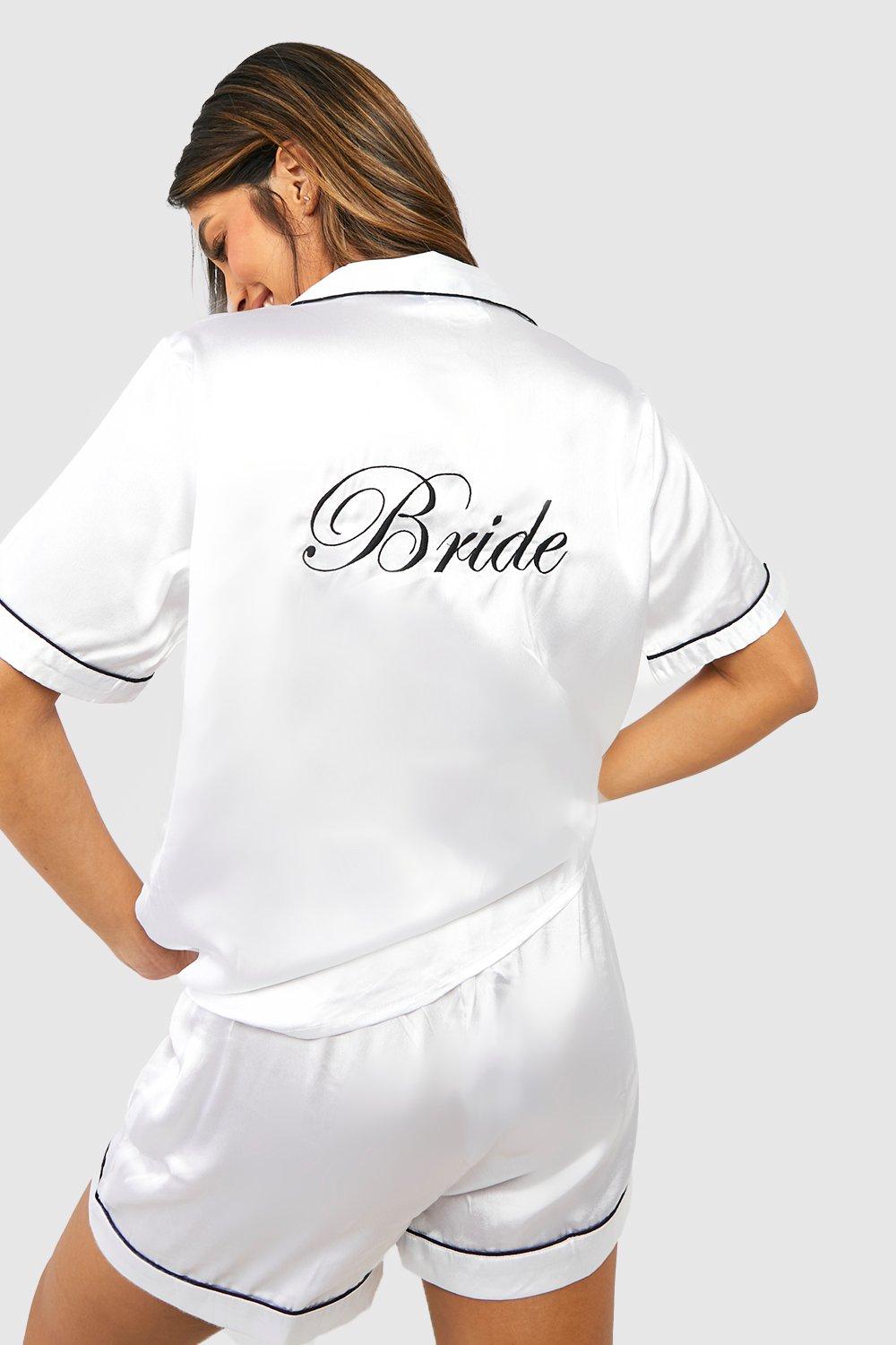 Image of Set pigiama corto in raso con ricamo Bride, Bianco