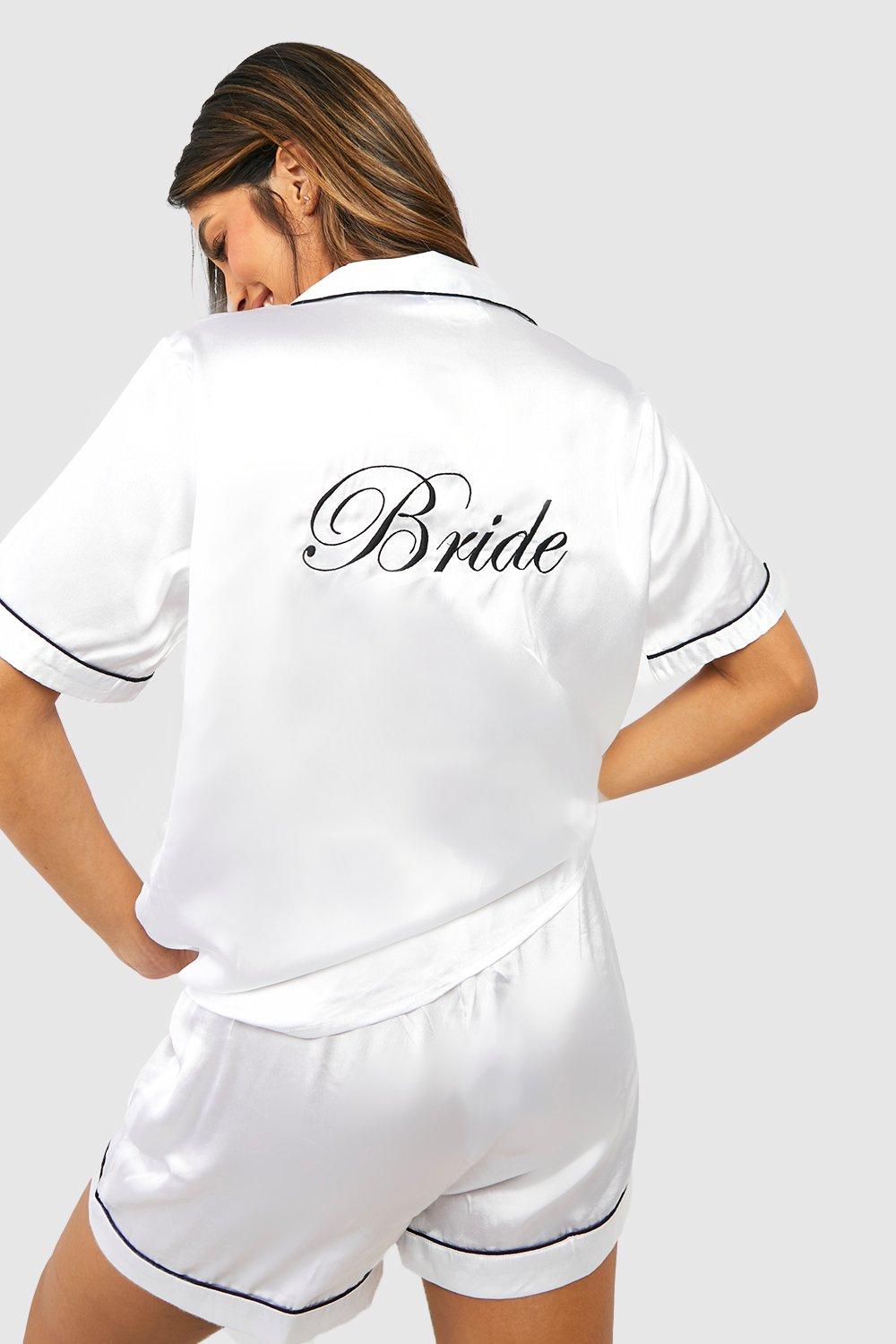 Womens Bridal 'Bride' Satin Embroidered Short Sleeve Shirt & Shorts Pyjama Set - White - 8, White