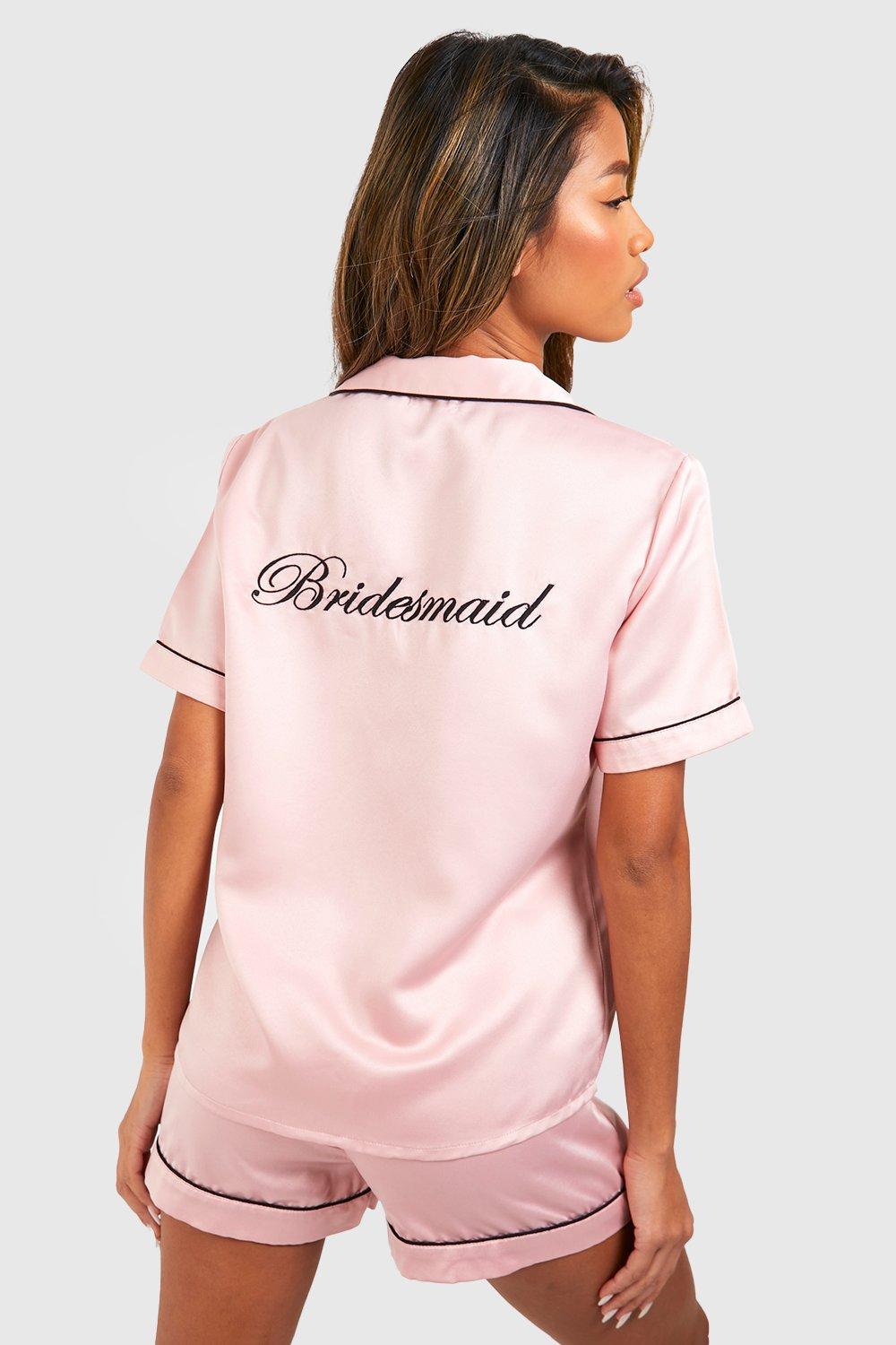 Womens Bridal 'Bridesmaid' Satin Embroidered Short Sleeve Shirt & Shorts Pyjama Set - Pink - 8, Pink