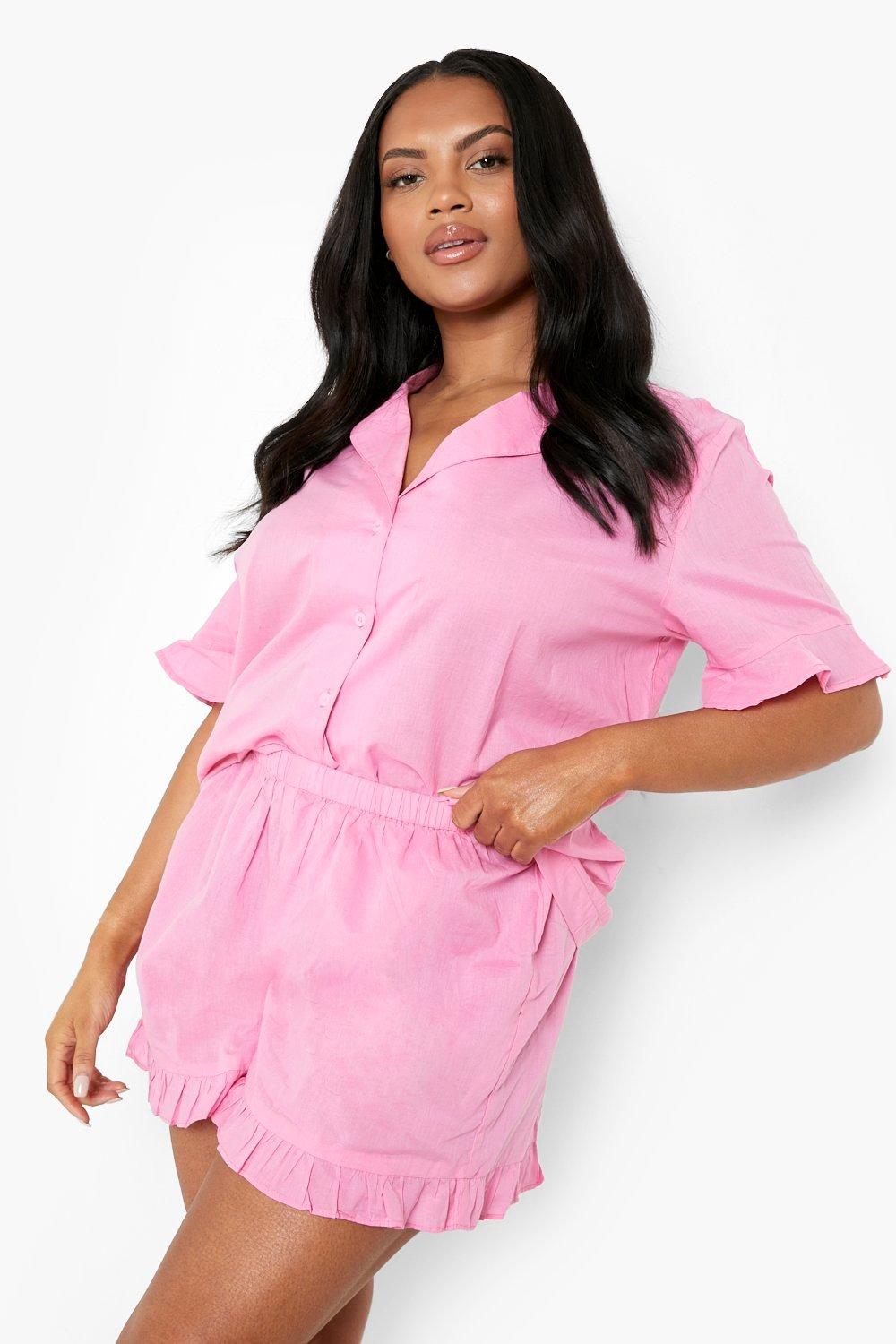 Womens Plus Mix & Match Frill Hem Pyjama Shorts - Pink - 24, Pink