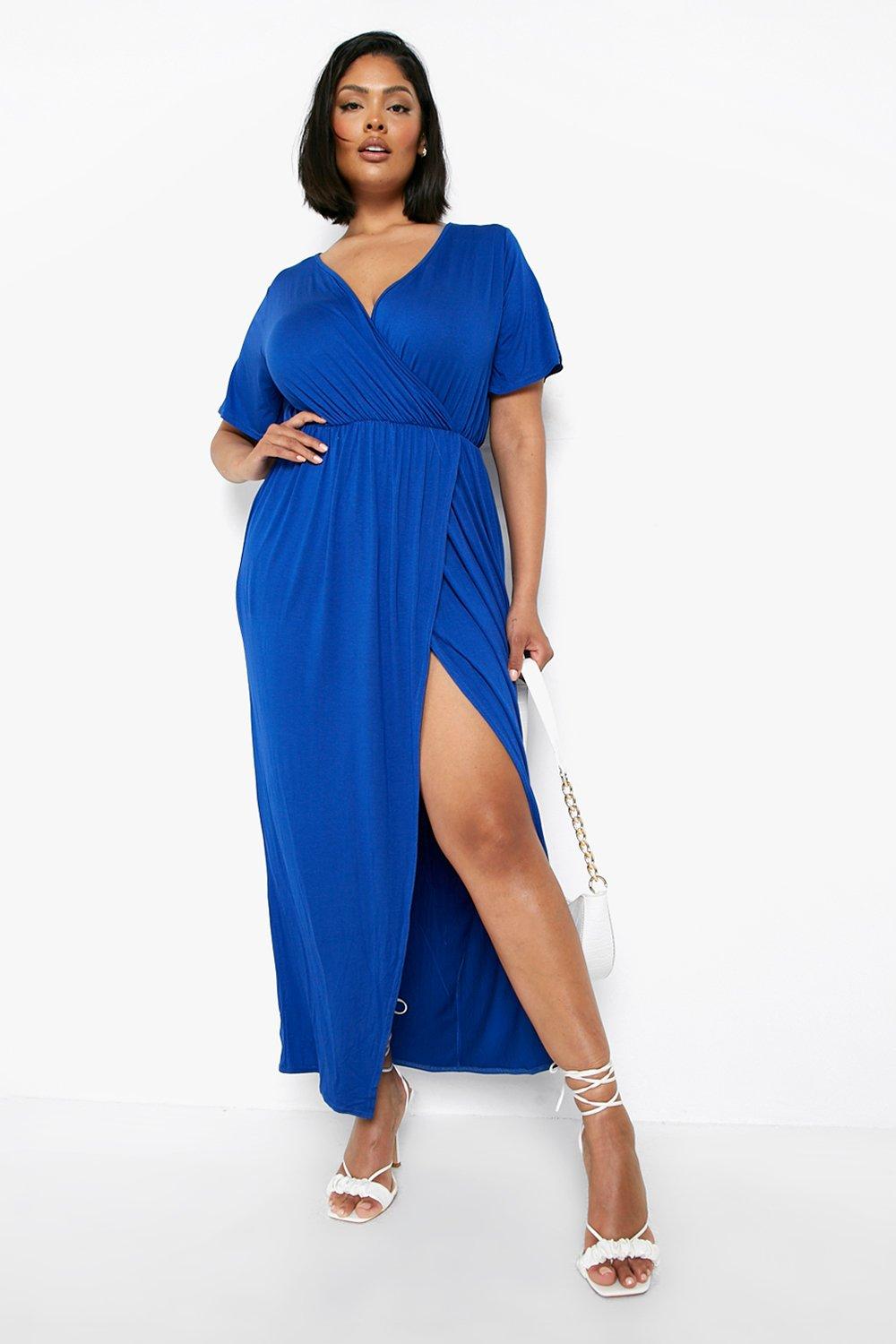 Womens Plus Angel Sleeve Wrap Maxi Dress - Blue - 28, Blue