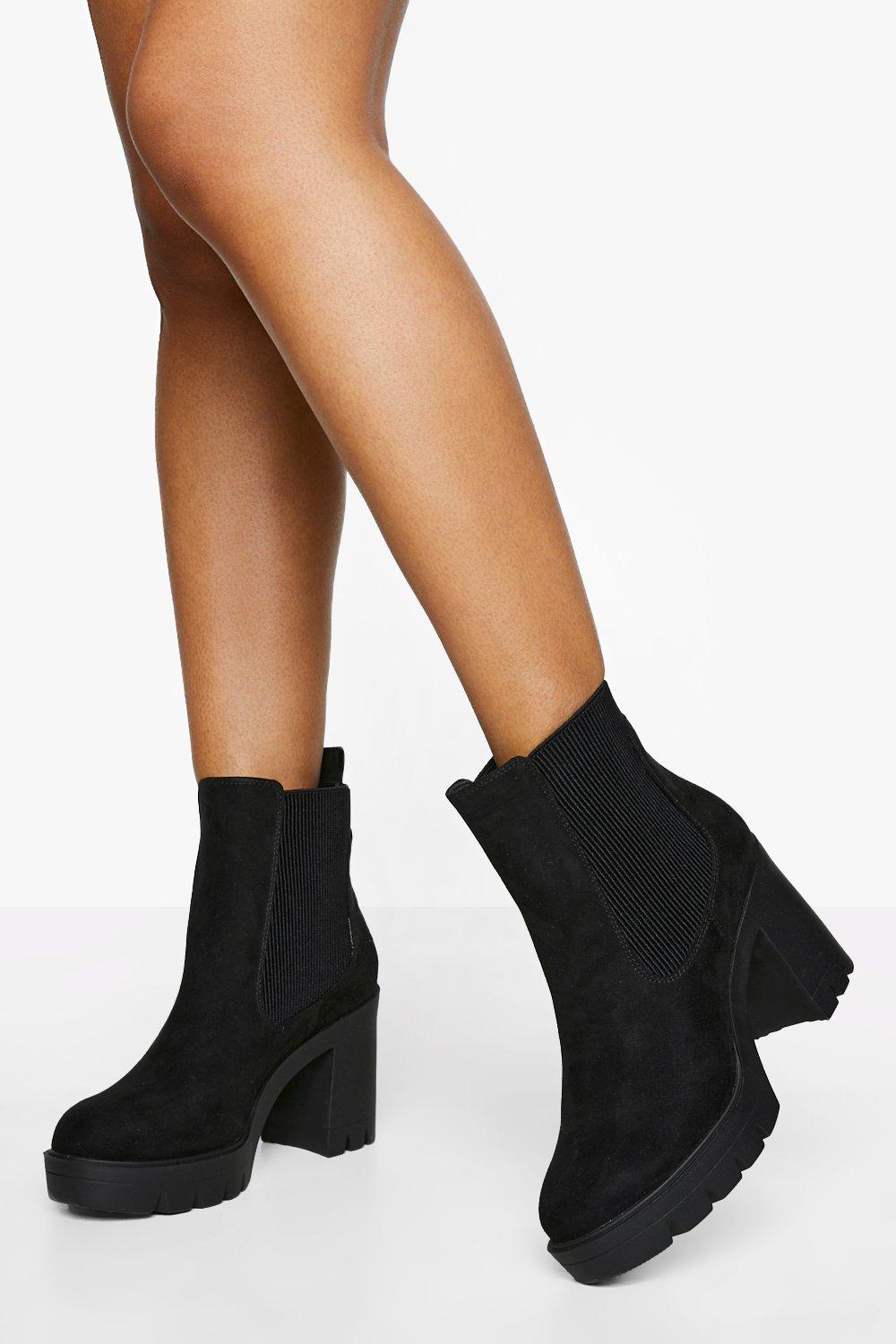 Boohoo Brede Chelsea Boots Met Dikke Hakken, Black