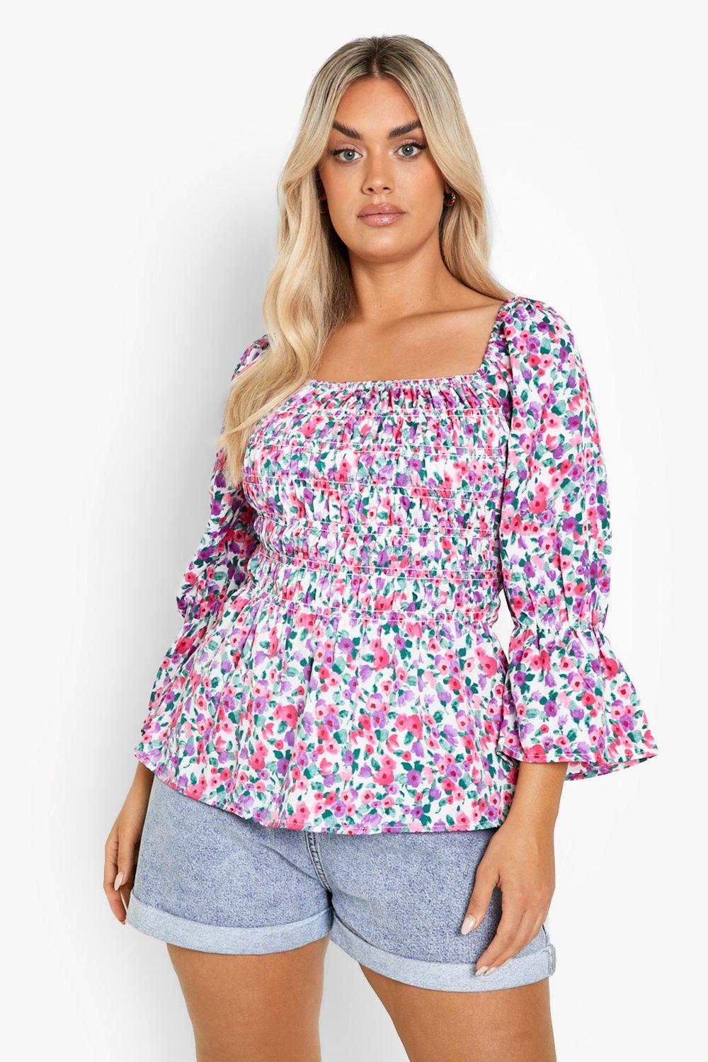 Boohoo Plus Geplooide Bloemen Blouse Met Geplooide Zoom, White