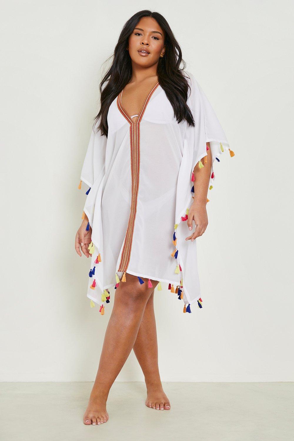 Boohoo Plus Kimono Strand Cover Up Met Pom Poms, White