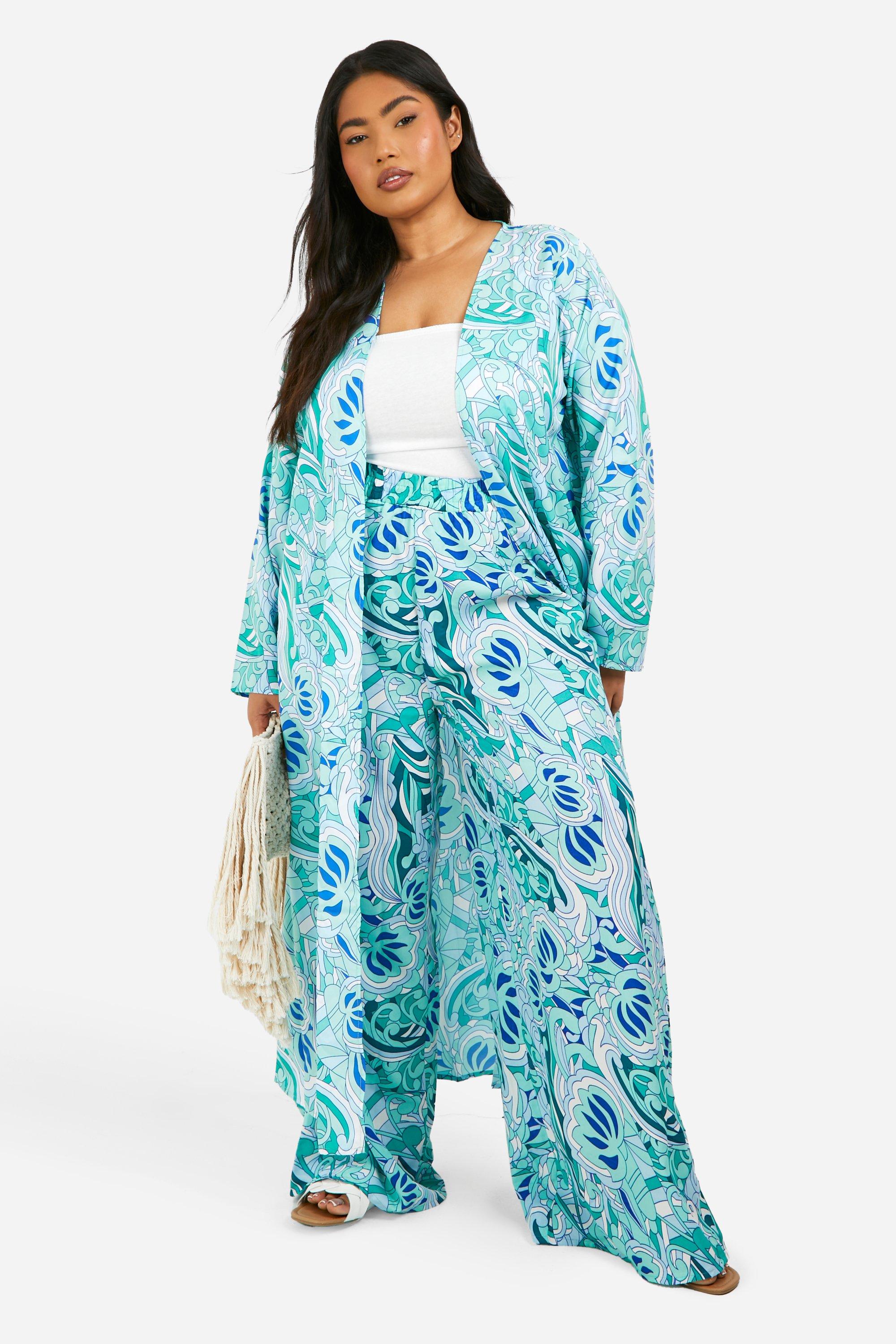 Image of Kimono lungo Plus Size con stampa in fantasia cachemire, Azzurro