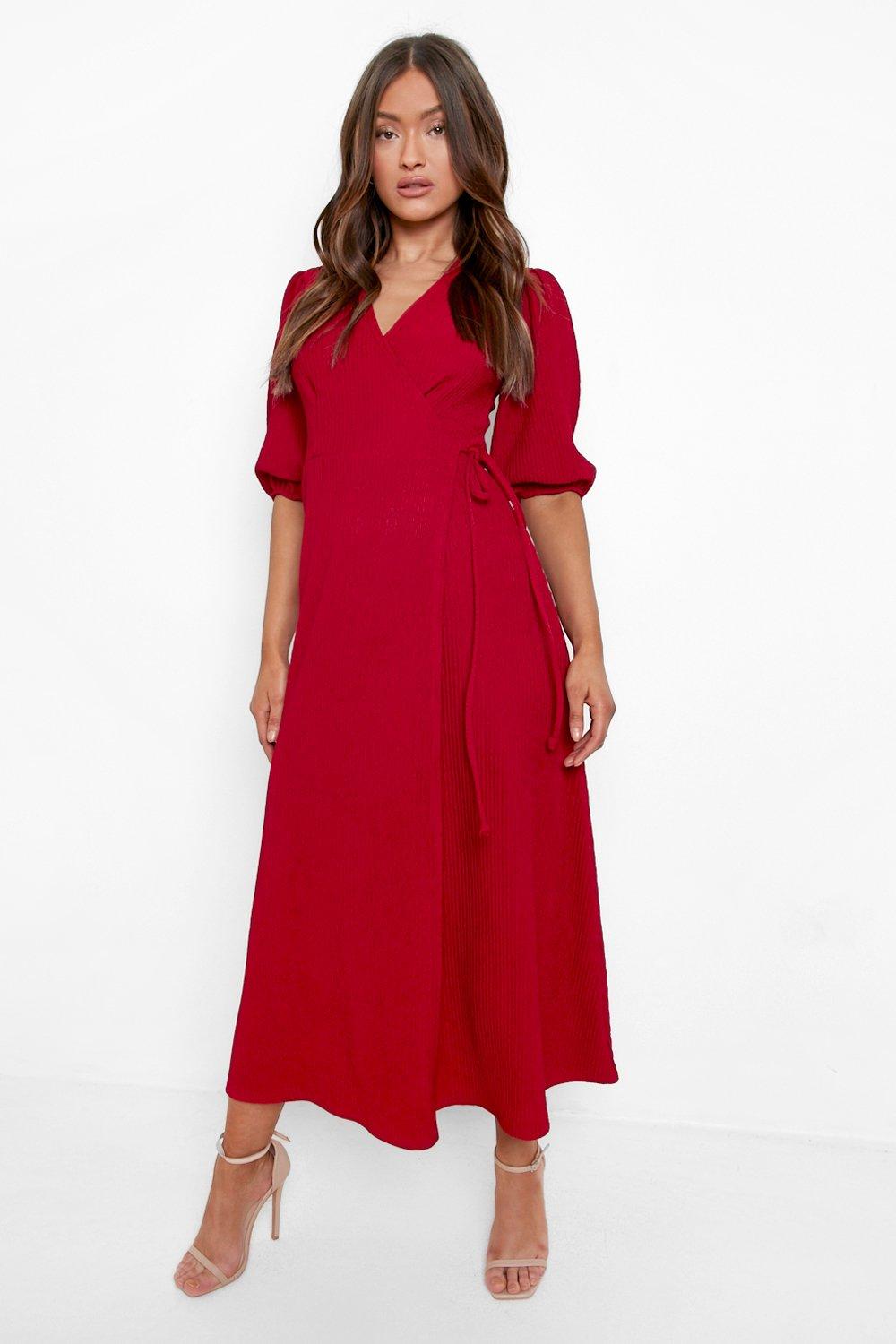 Womens Crinkle Puff Sleeve Wrap Midaxi Dress - Red - 8, Red