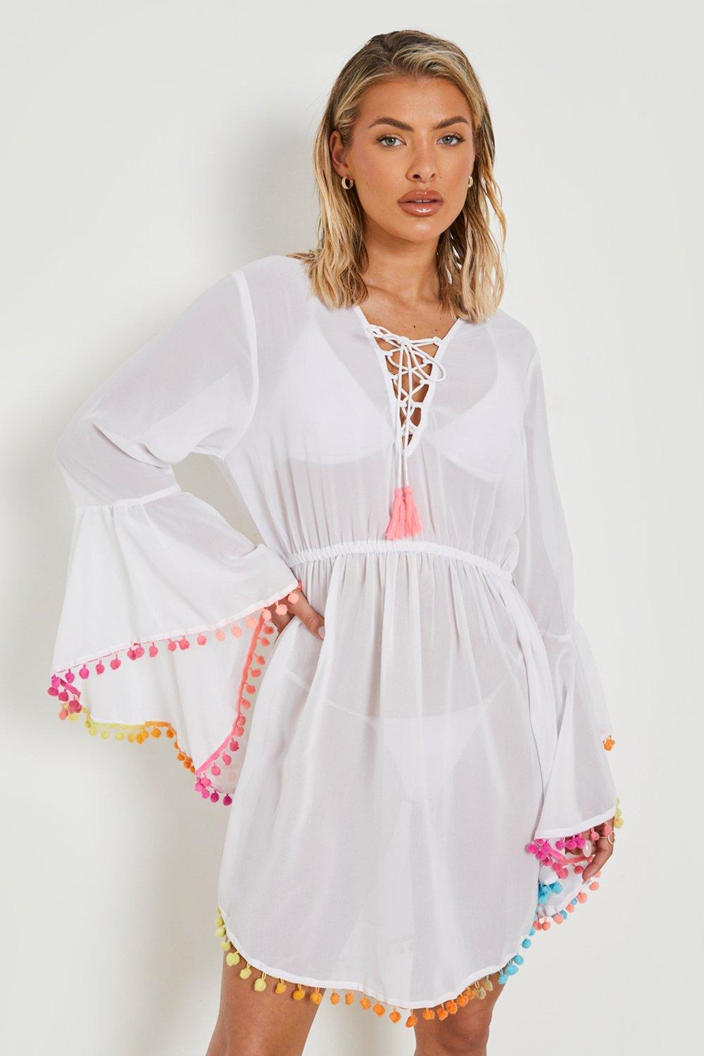 Boohoo Strand Jurk Met Pom Poms En Veters, White