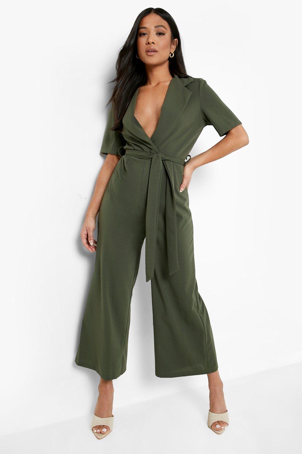 Womens Petite Tailored Short Sleeve Belted Jumpsuit - Green - 16, Green