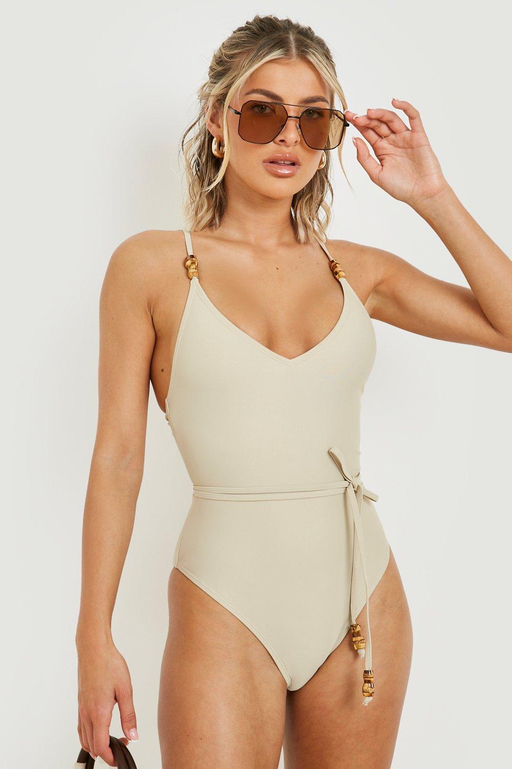 Womens Wooden Bead Tie Swimsuit - Beige - 6, Beige