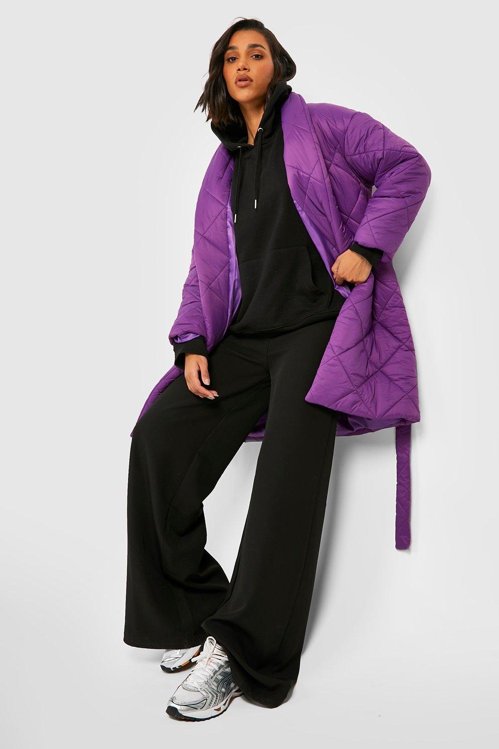 Womens Diamond Quilted Belted Duvet Puffer Jacket - Purple - 10, Purple