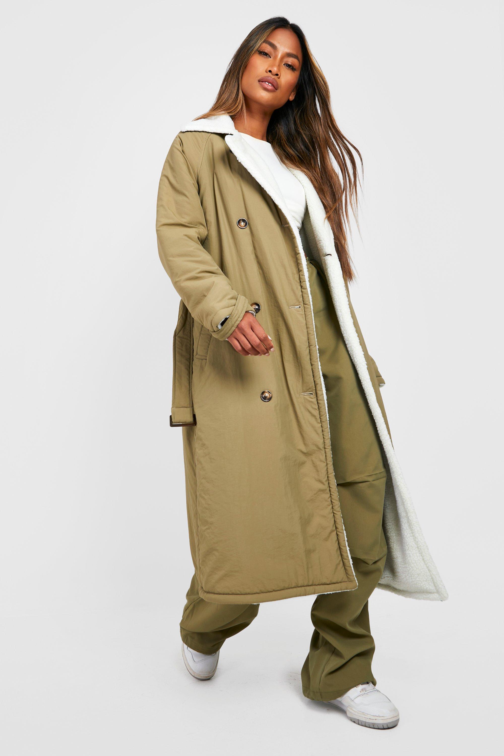 womens borg lined padded trench coat - green - 8, green