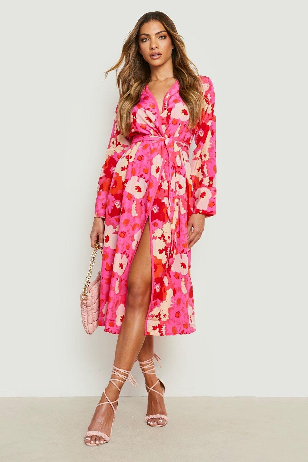 Image of Kimono a fiori in colori accesi con cintura, Pink