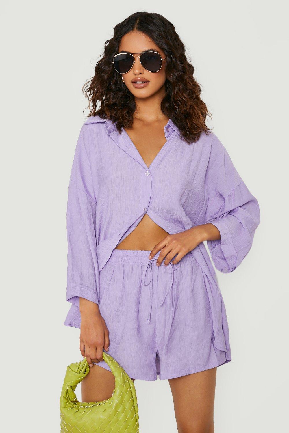 Image of Set camicia oversize effetto goffrato con trama & pantaloncini, Purple