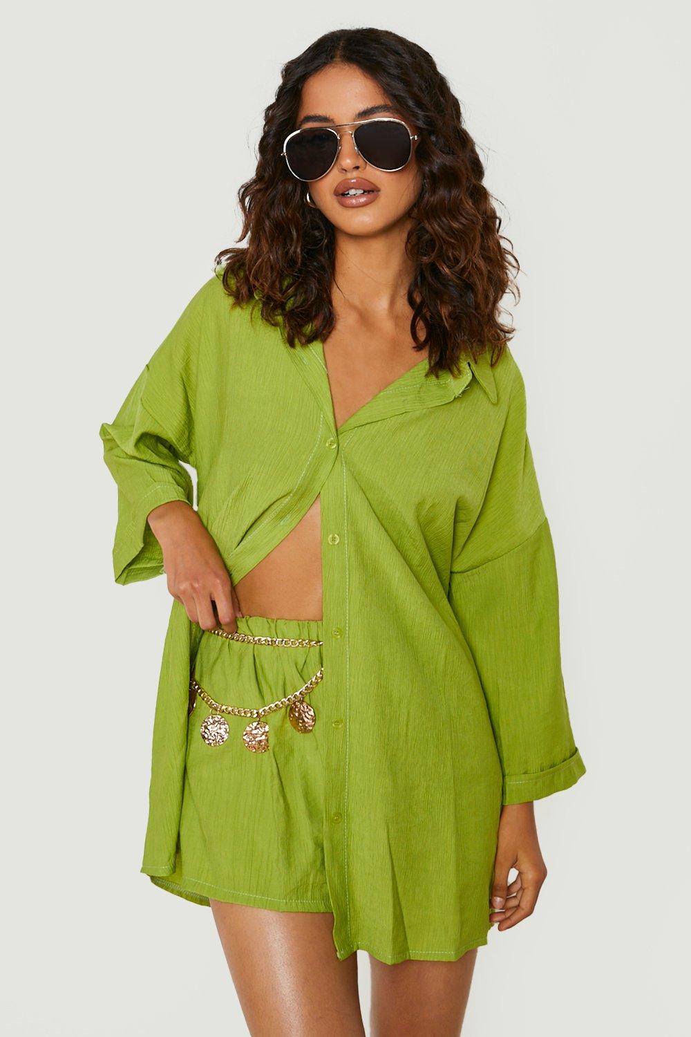 Image of Set camicia oversize effetto goffrato con trama & pantaloncini, Verde